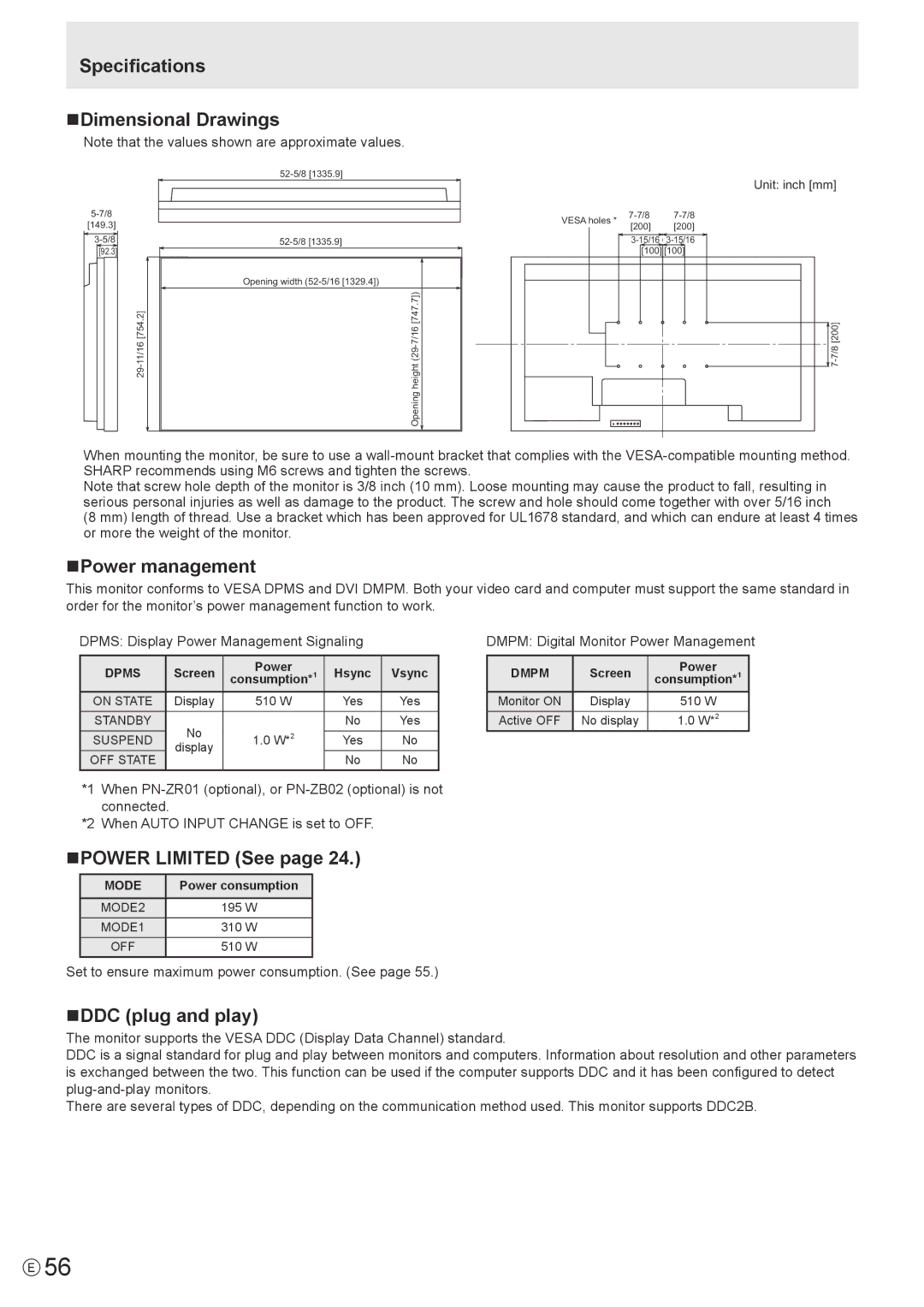 Sharp PN-V602 Specifications NDimensional Drawings, NPower management, NPOWER Limited See, NDDC plug and play 