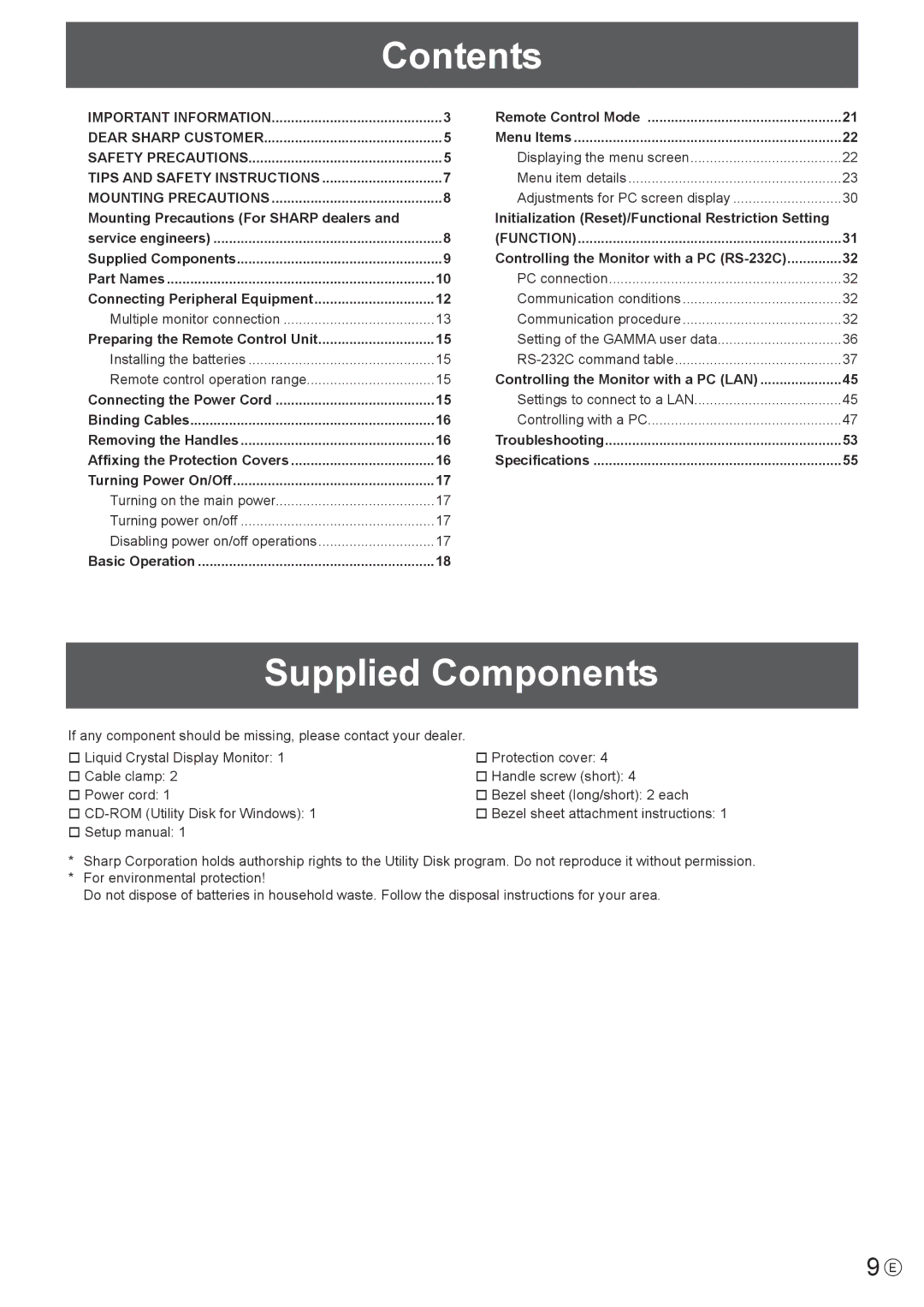 Sharp PN-V602 operation manual Contents, Supplied Components 