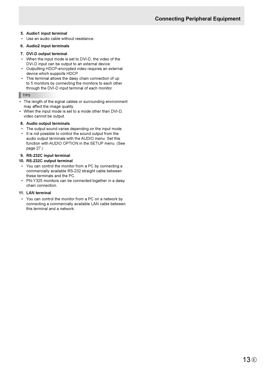 Sharp PN-Y325 operation manual 13 E, Connecting Peripheral Equipment 