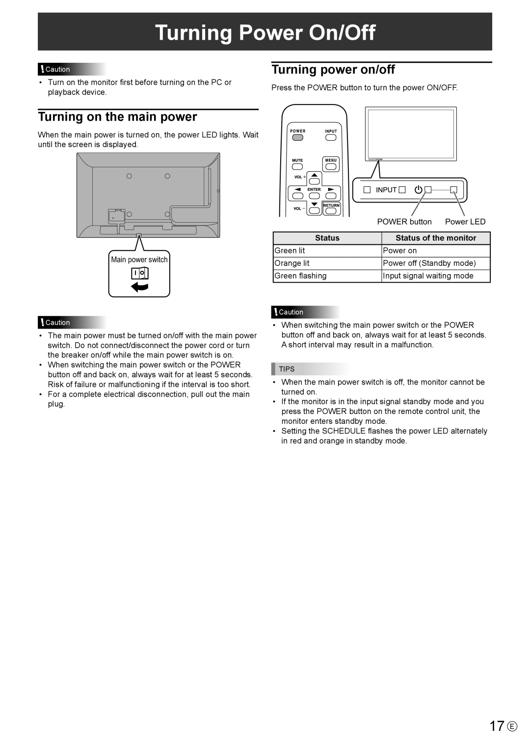 Sharp PN-Y325 Turning Power On/Off, 17 E, Turning power on/off, Turning on the main power, Status Status of the monitor 