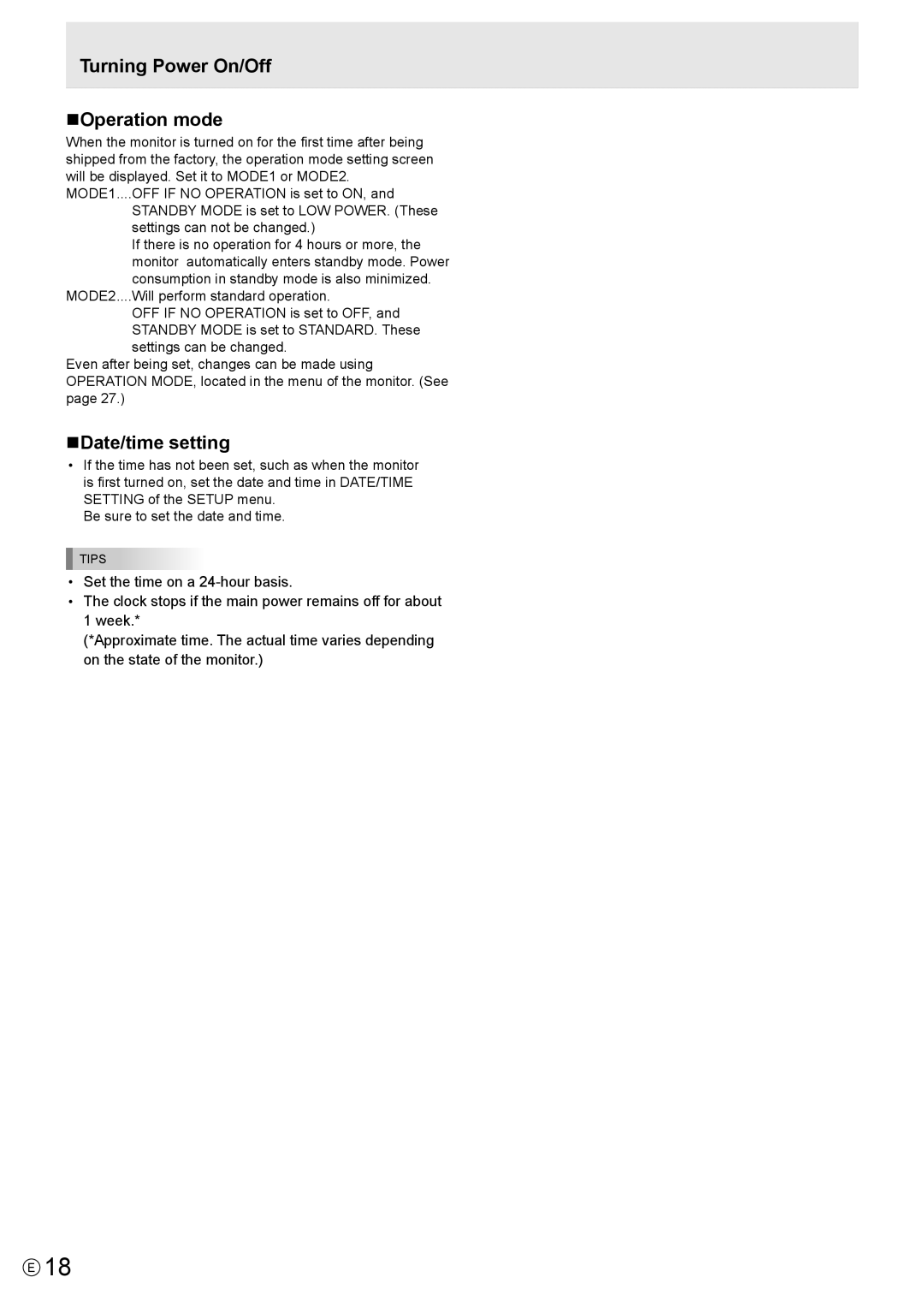 Sharp PN-Y325 operation manual Turning Power On/Off NOperation mode, NDate/time setting 