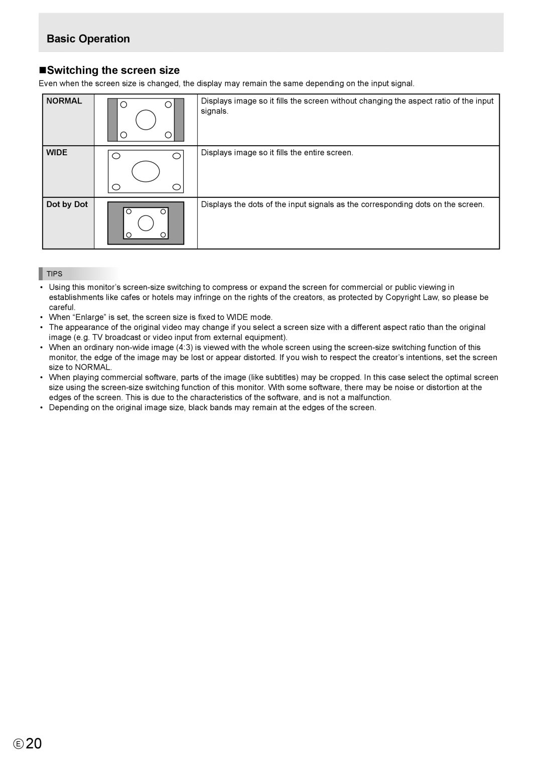 Sharp PN-Y325 operation manual Basic Operation NSwitching the screen size, Normal Wide, Dot by Dot 