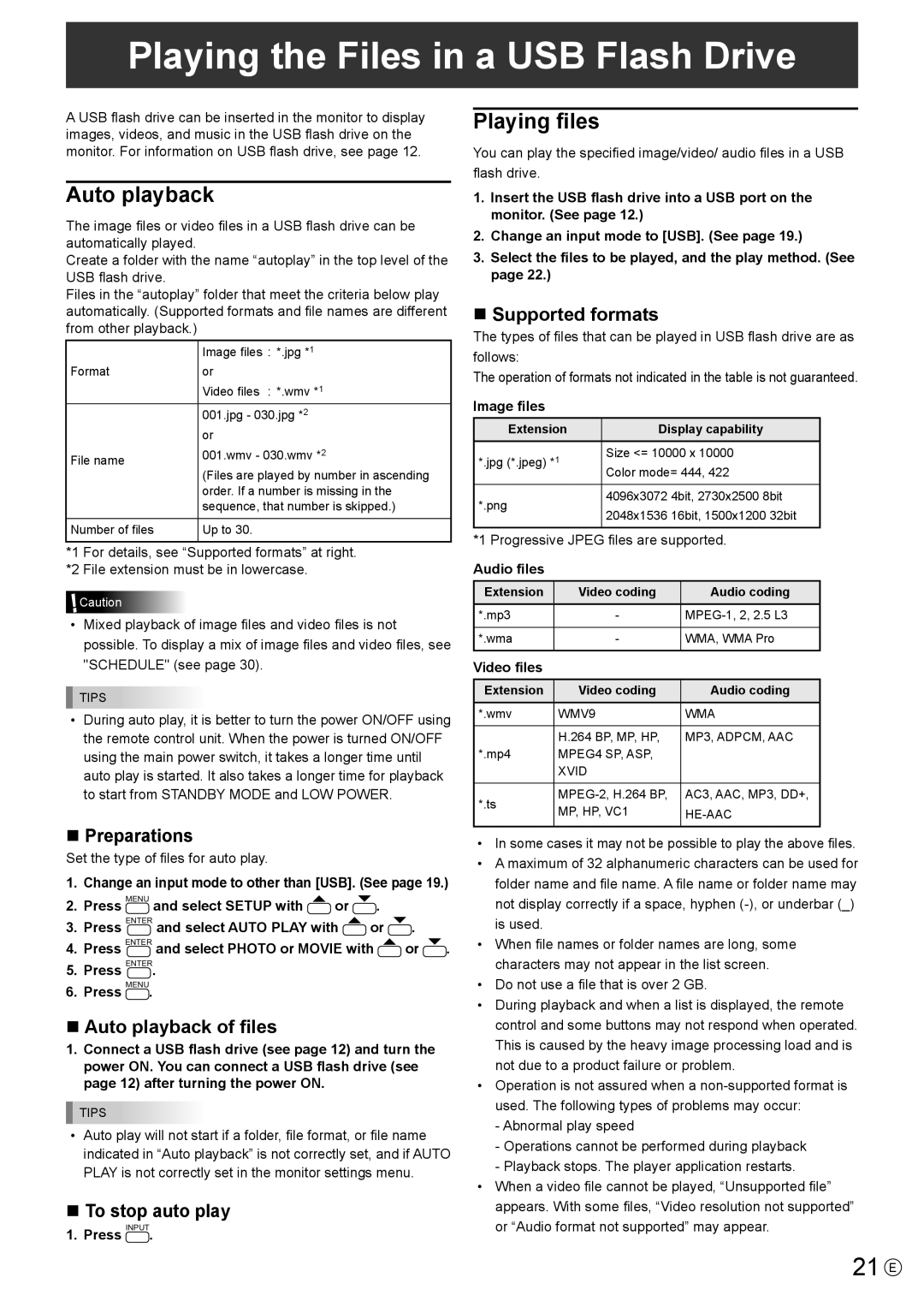 Sharp PN-Y325 operation manual Playing the Files in a USB Flash Drive, 21 E, Auto playback, Playing files 