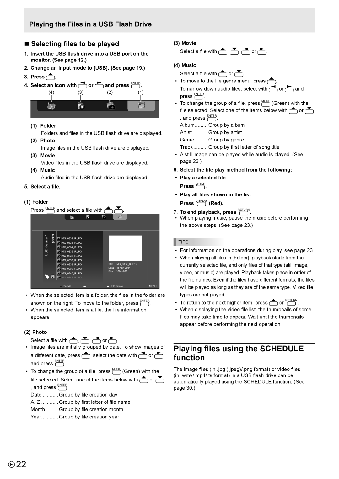 Sharp PN-Y325 operation manual Playing files using the Schedule function, Photo, Movie, Music, Select a file Folder 