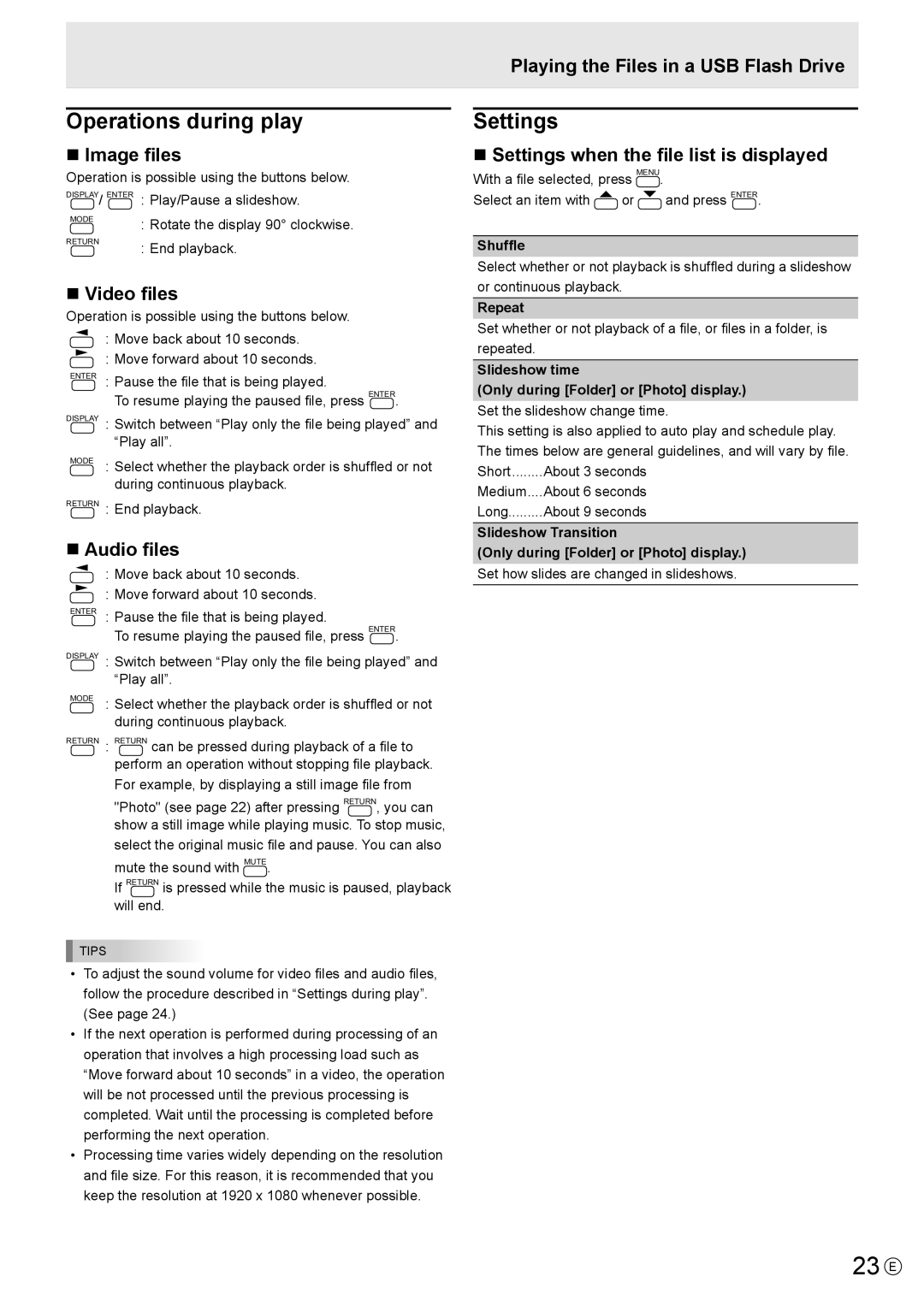 Sharp PN-Y325 operation manual 23 E, Operations during play, Settings 