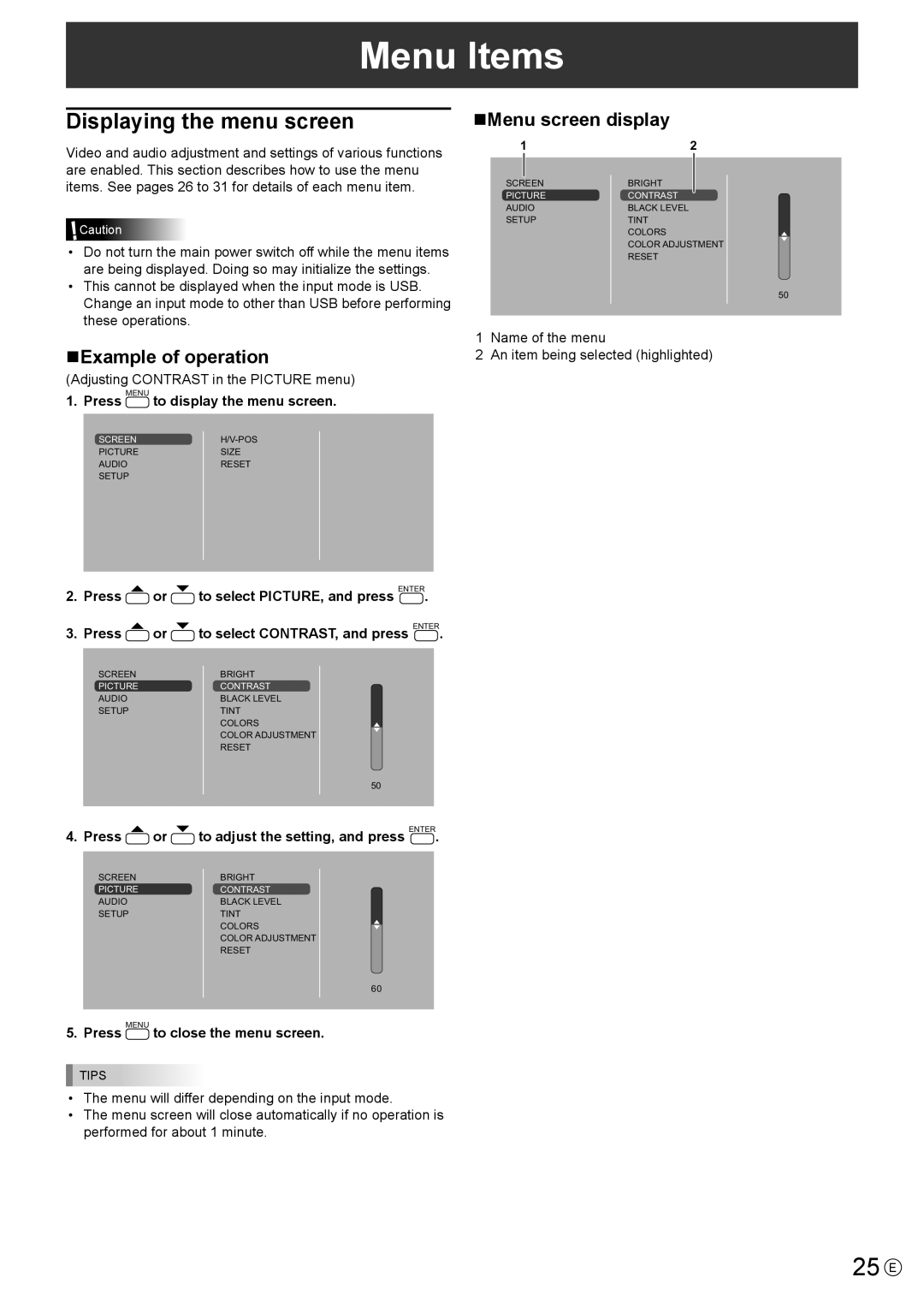 Sharp PN-Y325 operation manual Menu Items, 25 E, Displaying the menu screen, NExample of operation, NMenu screen display 