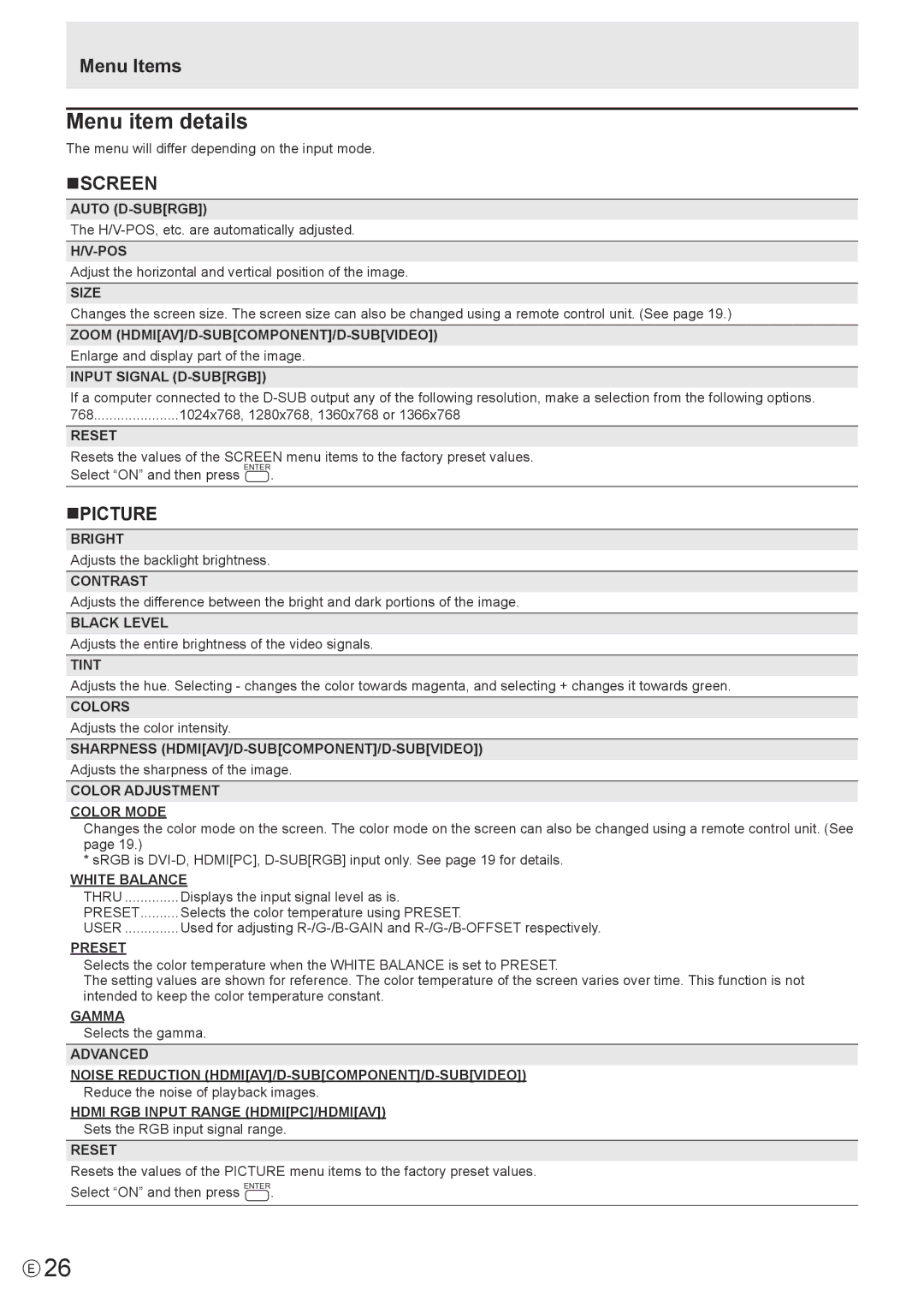 Sharp PN-Y325 operation manual Menu item details, Menu Items, Nscreen, Npicture 