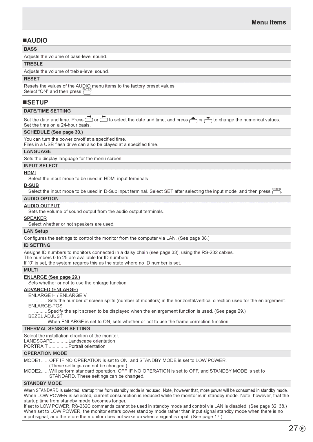 Sharp PN-Y325 operation manual 27 E, Menu Items NAUDIO, Nsetup 