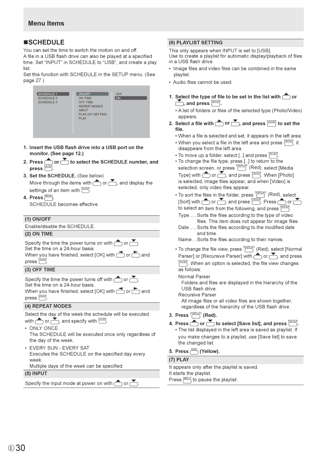 Sharp PN-Y325 operation manual Menu Items NSCHEDULE 