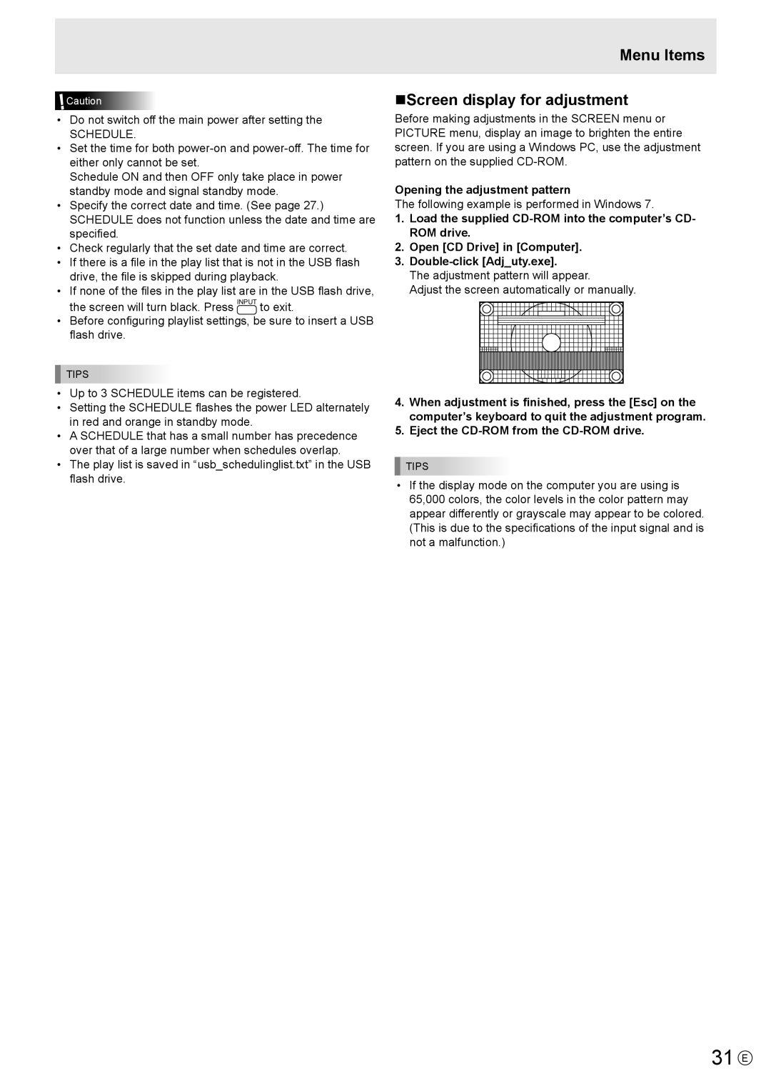 Sharp PN-Y325 operation manual 31 E, Menu Items NScreen display for adjustment, Schedule, Opening the adjustment pattern 