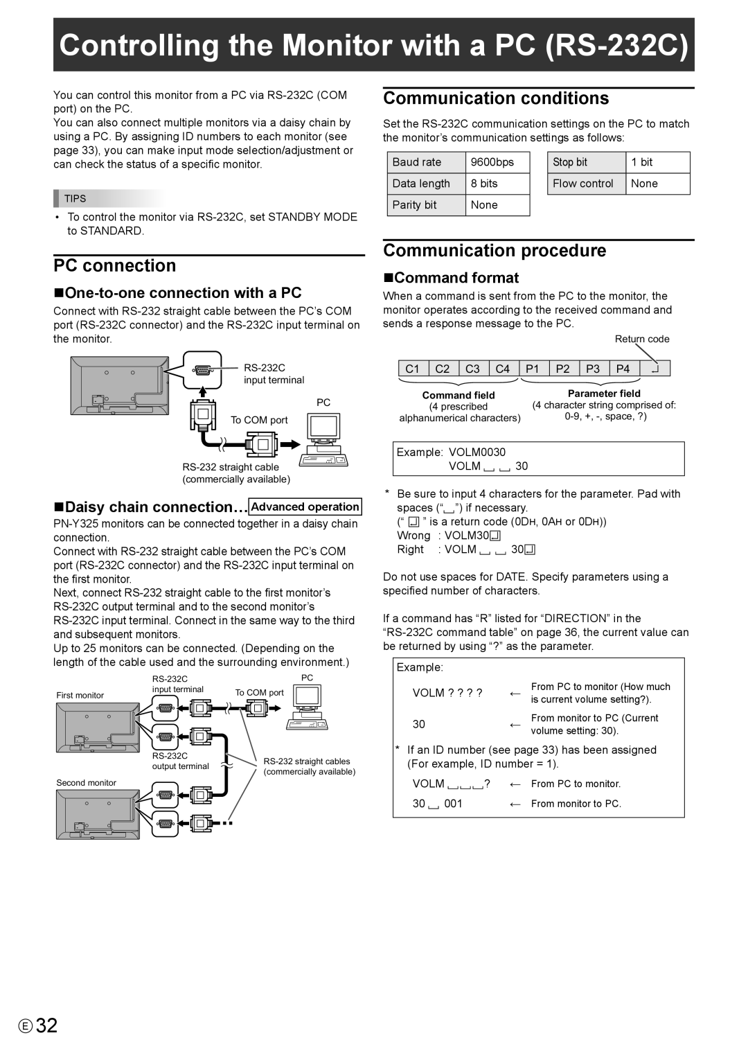 Sharp PN-Y325 Controlling the Monitor with a PC RS-232C, Communication conditions, PC connection, Communication procedure 