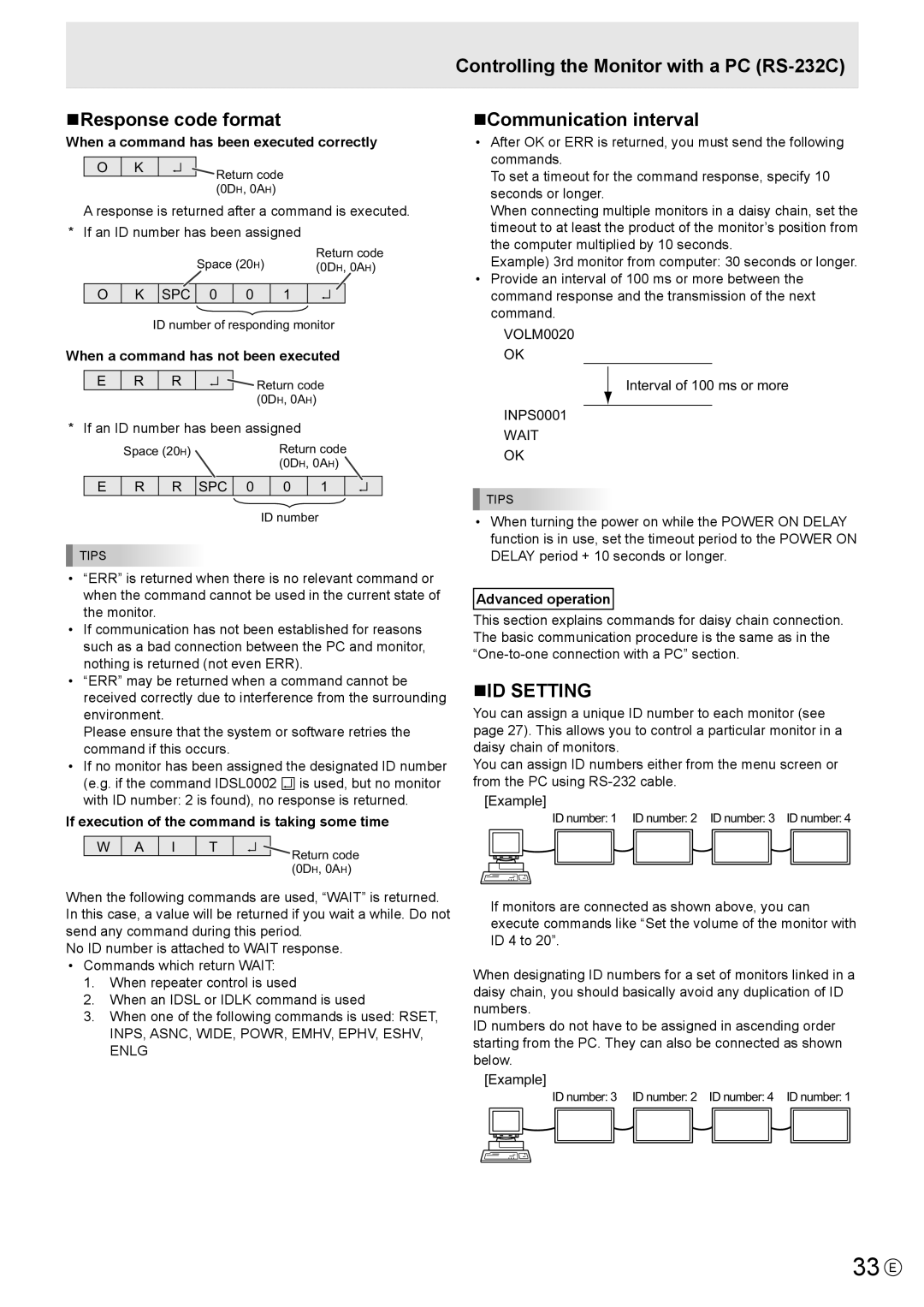 Sharp PN-Y325 operation manual 33 E, NResponse code format, NID Setting 