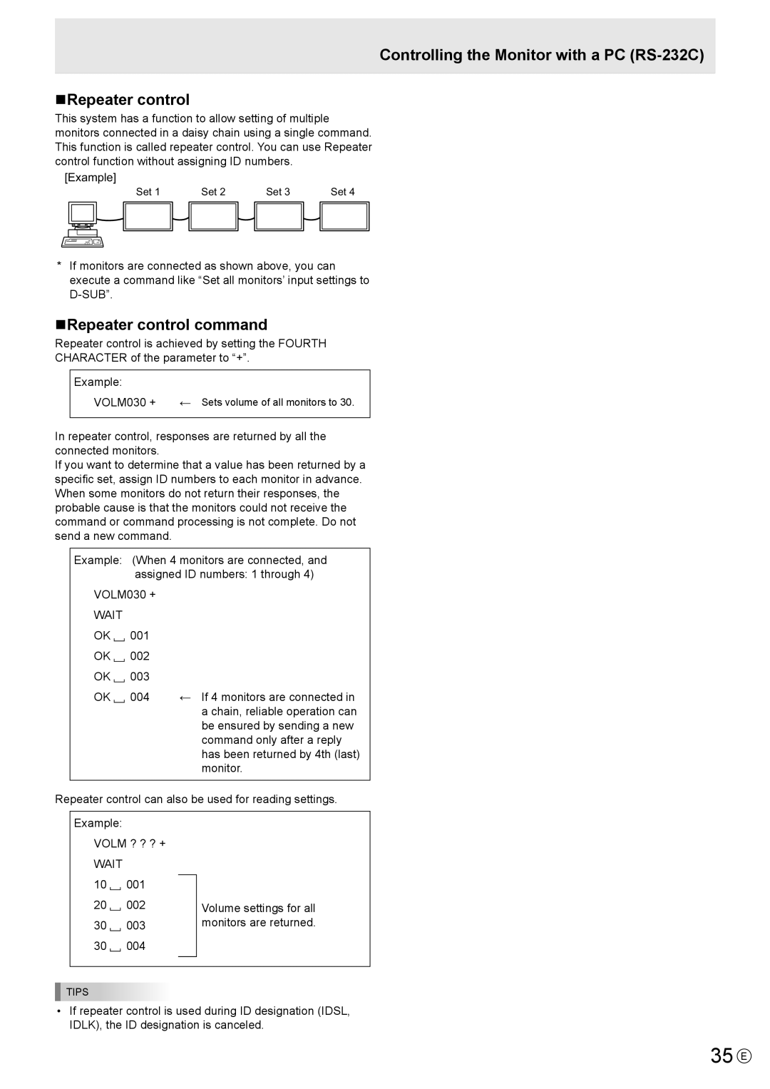 Sharp PN-Y325 operation manual 35 E, Controlling the Monitor with a PC RS-232C NRepeater control, NRepeater control command 