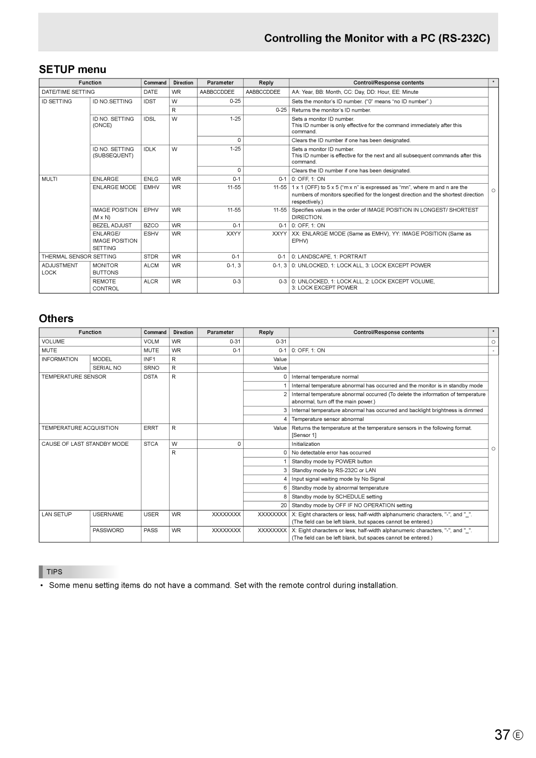 Sharp PN-Y325 operation manual 37 E, Controlling the Monitor with a PC RS-232C Setup menu, Others 