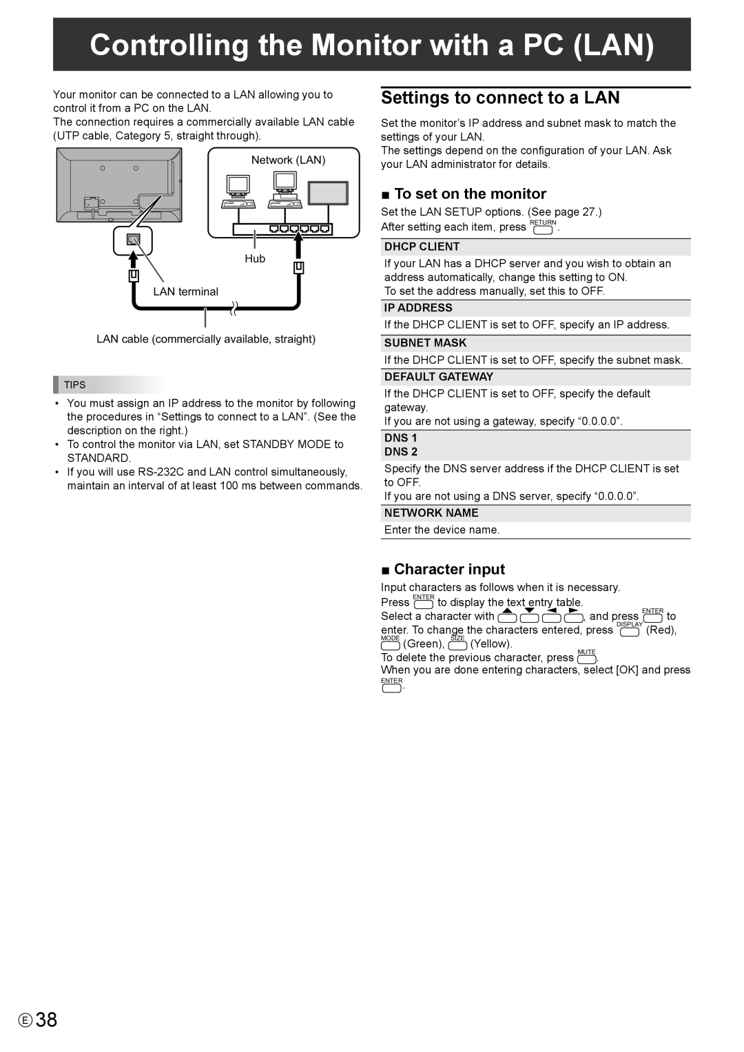 Sharp PN-Y325 Controlling the Monitor with a PC LAN, Settings to connect to a LAN, To set on the monitor, Character input 