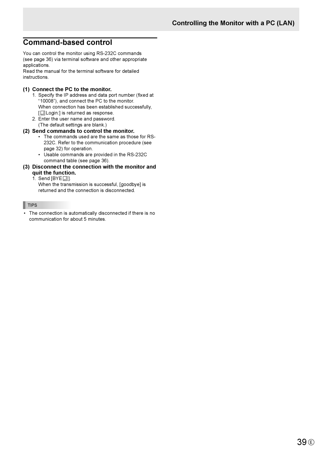 Sharp PN-Y325 operation manual 39 E, Command-based control, Controlling the Monitor with a PC LAN 