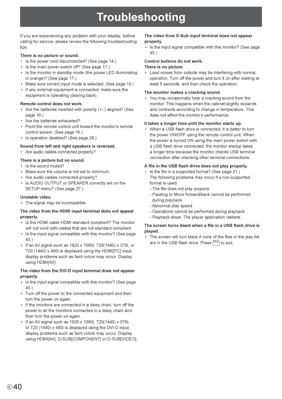 Sharp PN-Y325 operation manual Troubleshooting 