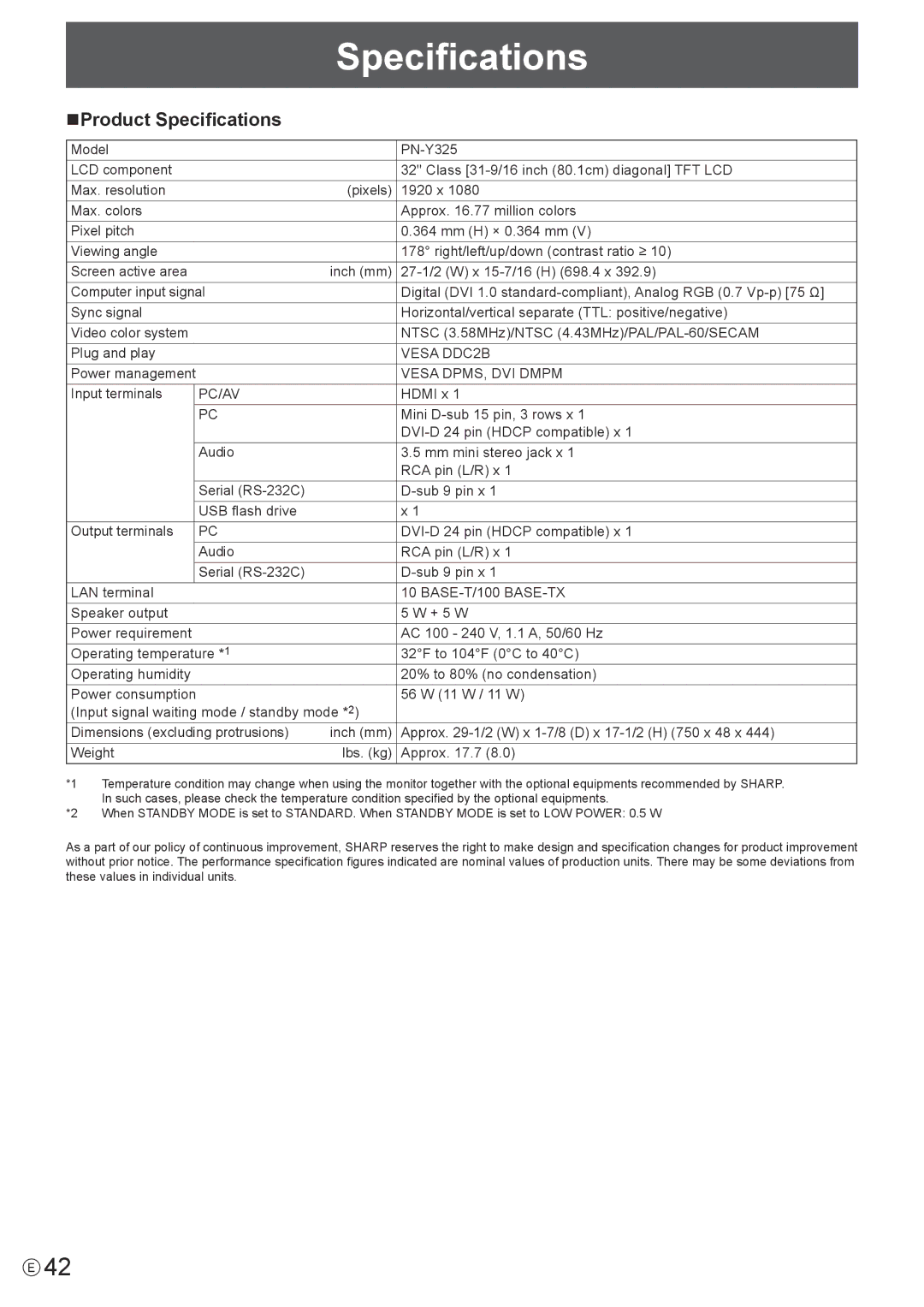 Sharp PN-Y325 operation manual NProduct Specifications 