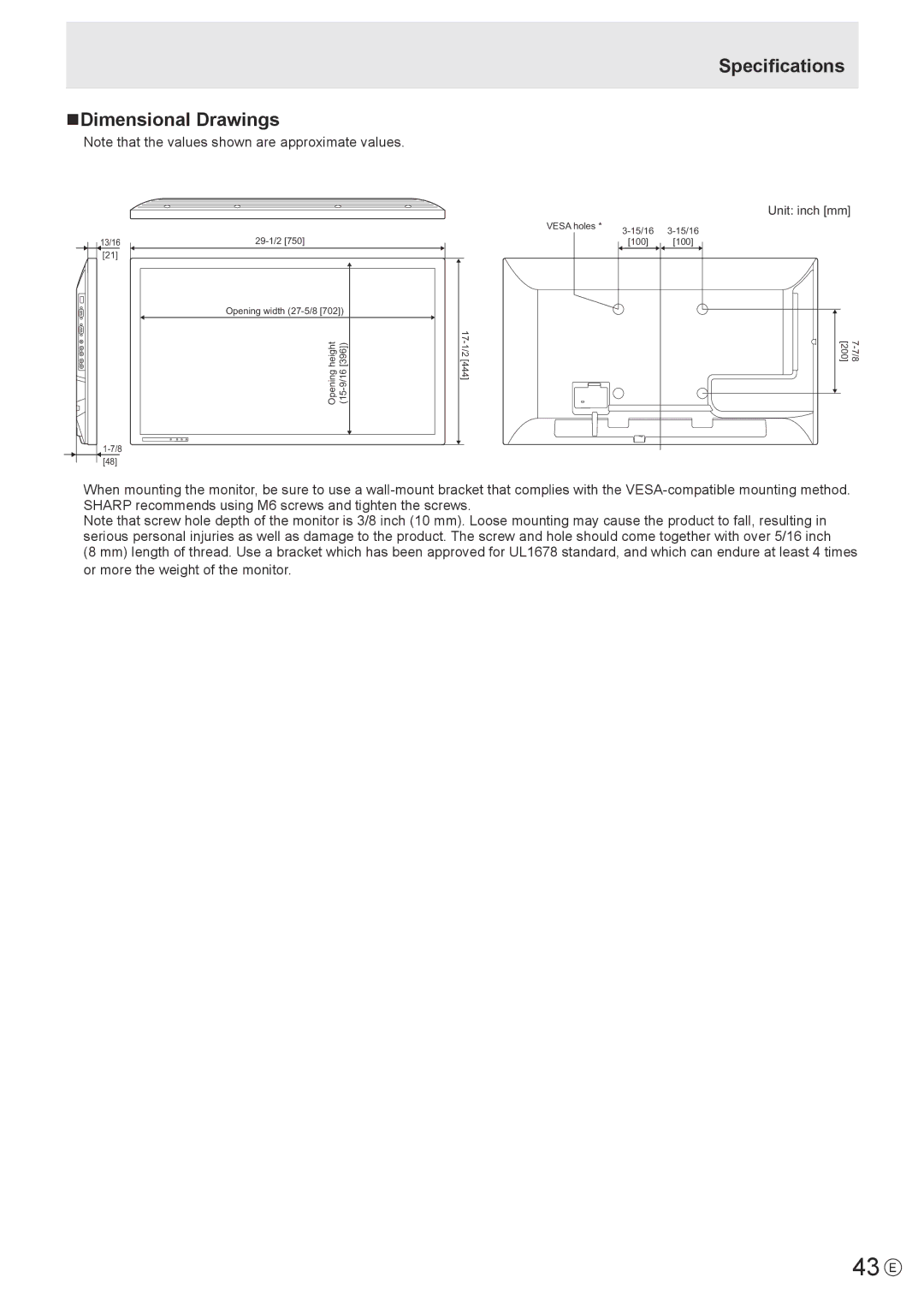 Sharp PN-Y325 operation manual 43 E, NDimensional Drawings, Specifications 