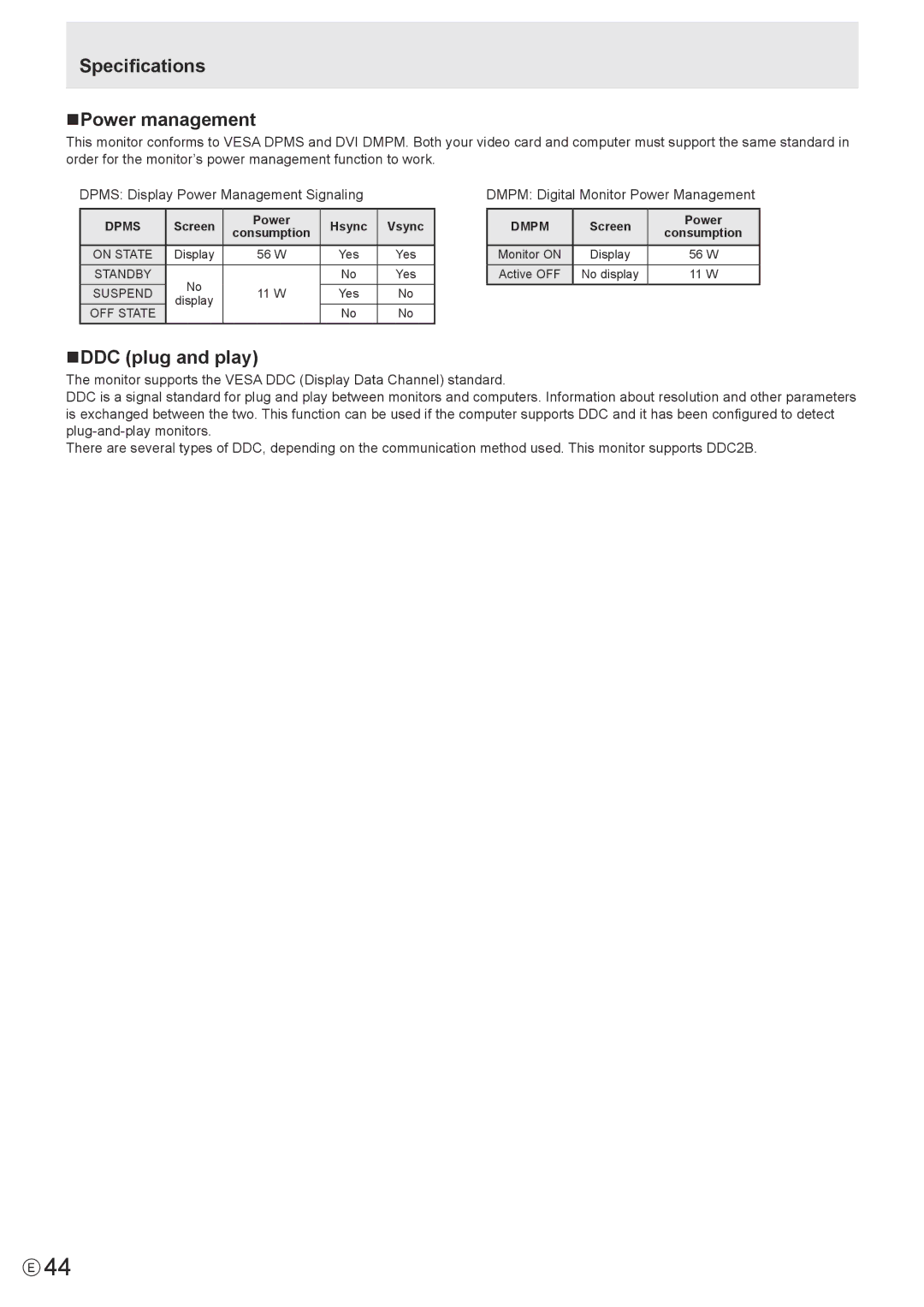 Sharp PN-Y325 operation manual Specifications NPower management, NDDC plug and play, Dmpm Digital Monitor Power Management 