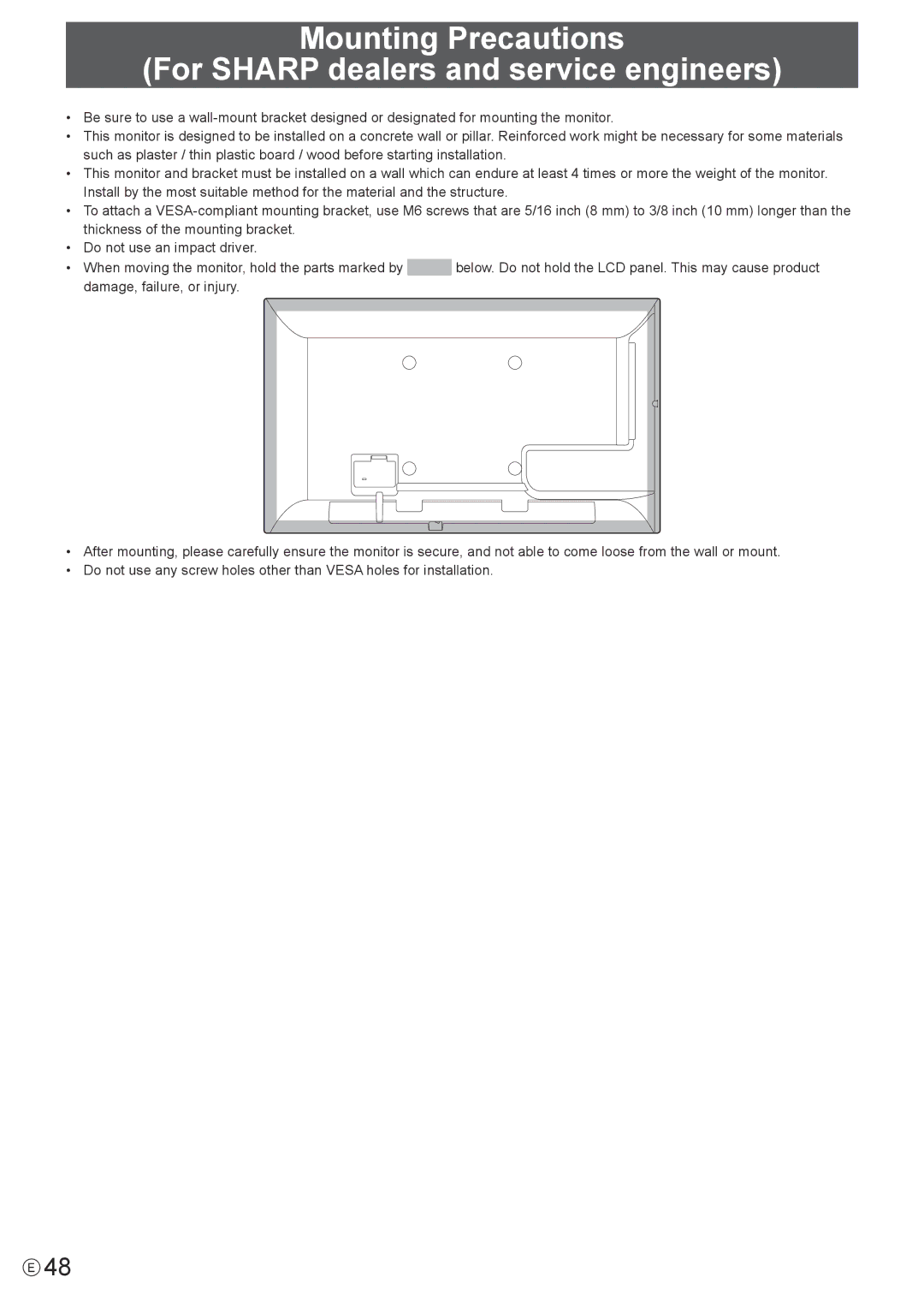 Sharp PN-Y325 operation manual Mounting Precautions For Sharp dealers and service engineers 