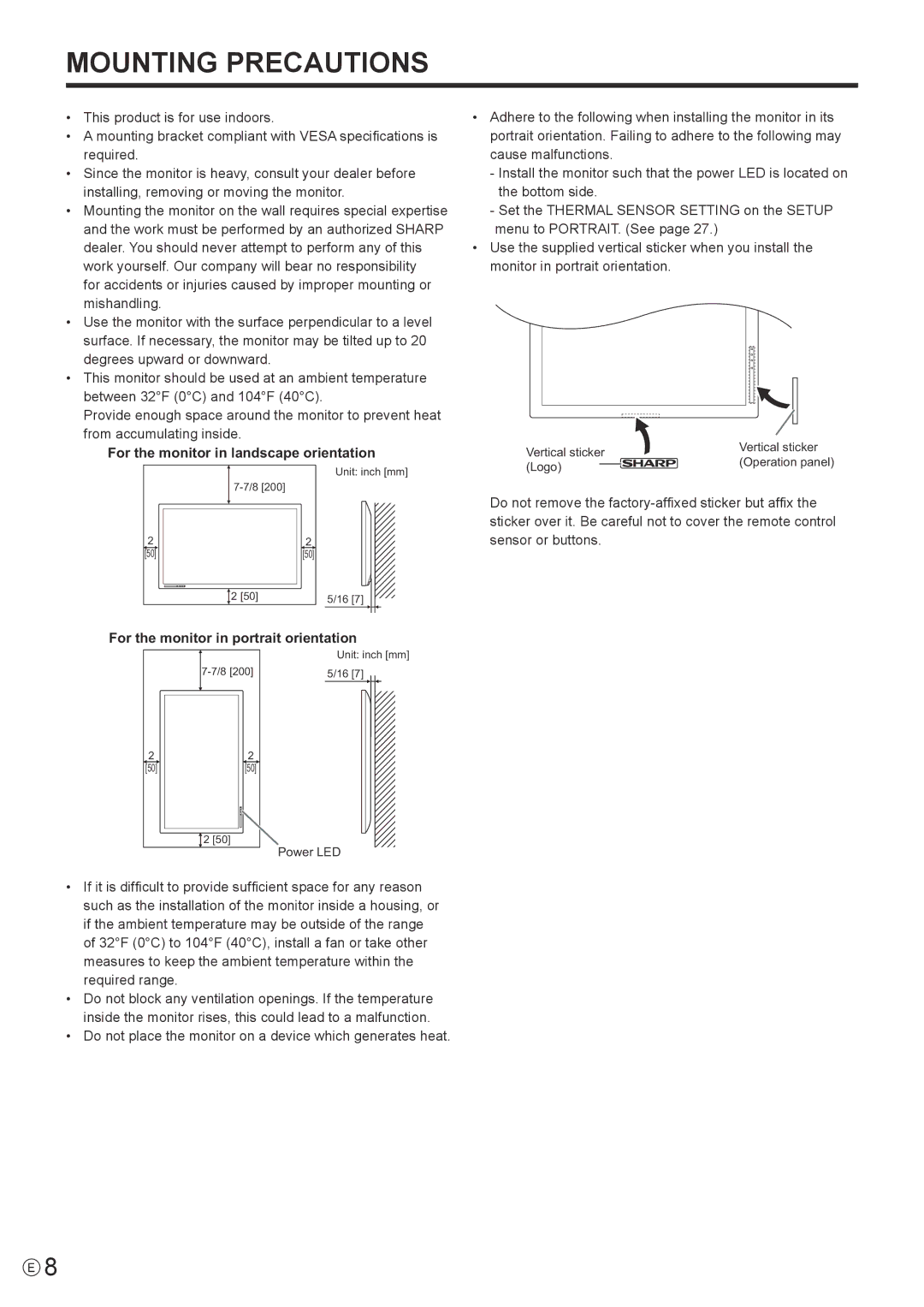 Sharp PN-Y325 operation manual For the monitor in landscape orientation, For the monitor in portrait orientation 