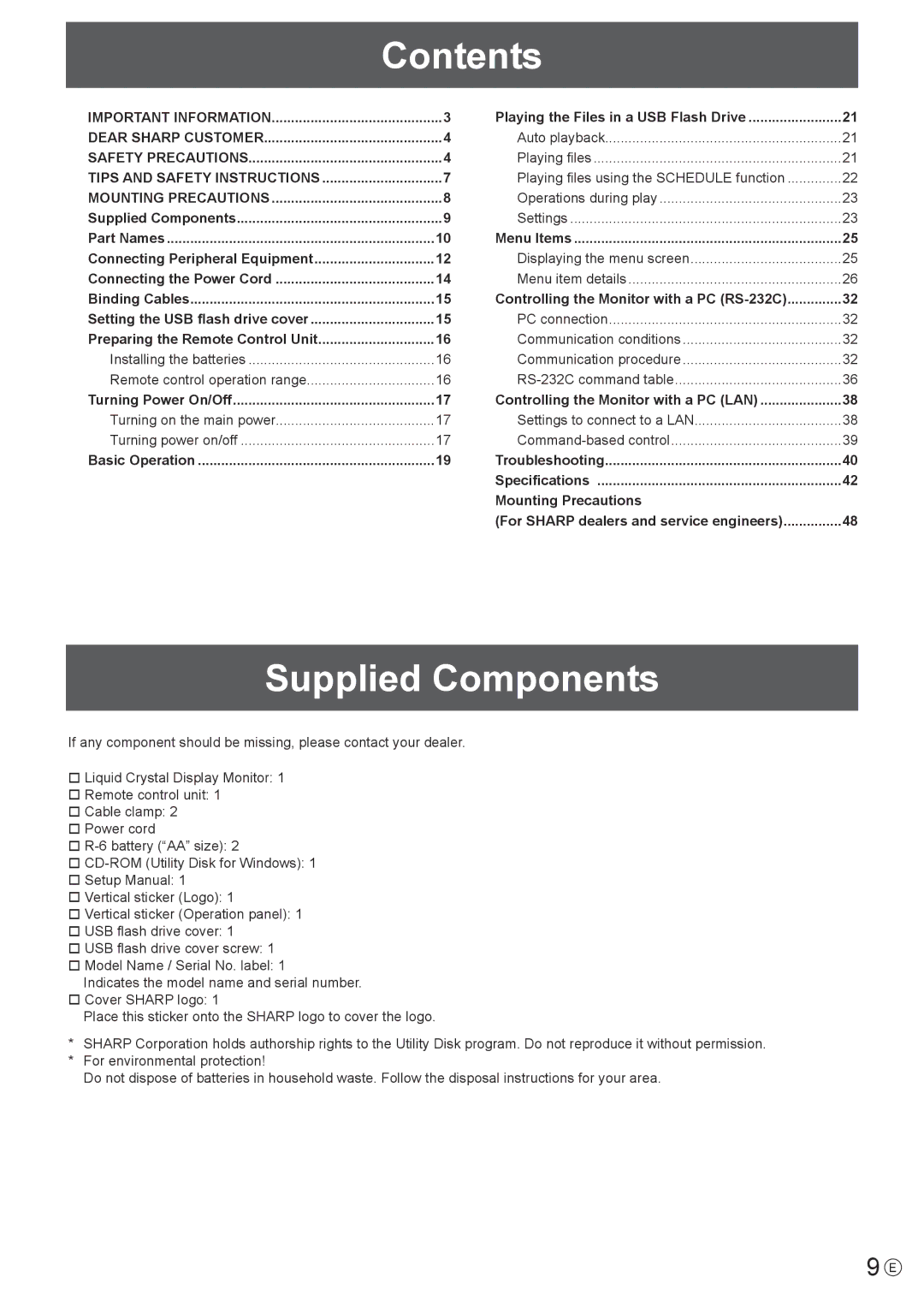 Sharp PN-Y325 operation manual Contents, Supplied Components 