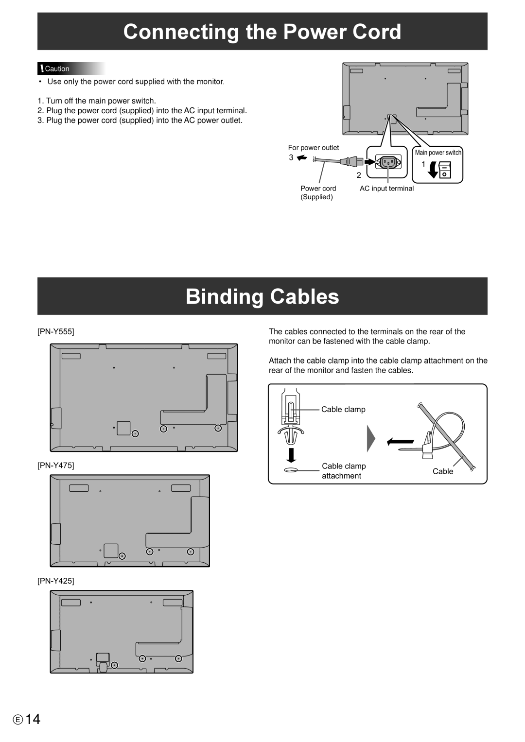 Sharp PN-Y425, PN-Y555, PN-Y475 operation manual Connecting the Power Cord, Binding Cables, Attachment 