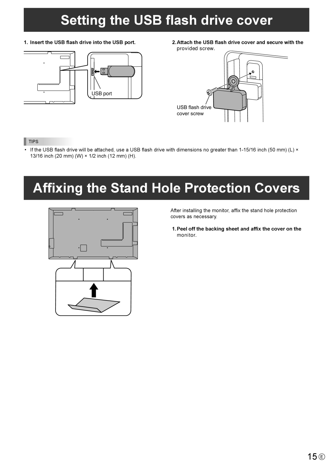 Sharp PN-Y555, PN-Y475, PN-Y425 Setting the USB flash drive cover, Affixing the Stand Hole Protection Covers, 15 E 