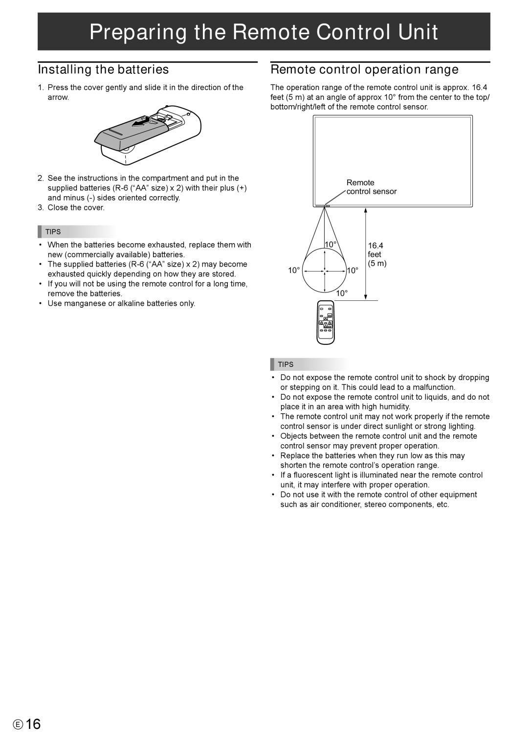 Sharp PN-Y475, PN-Y555, PN-Y425 Preparing the Remote Control Unit, Installing the batteries, Remote control operation range 