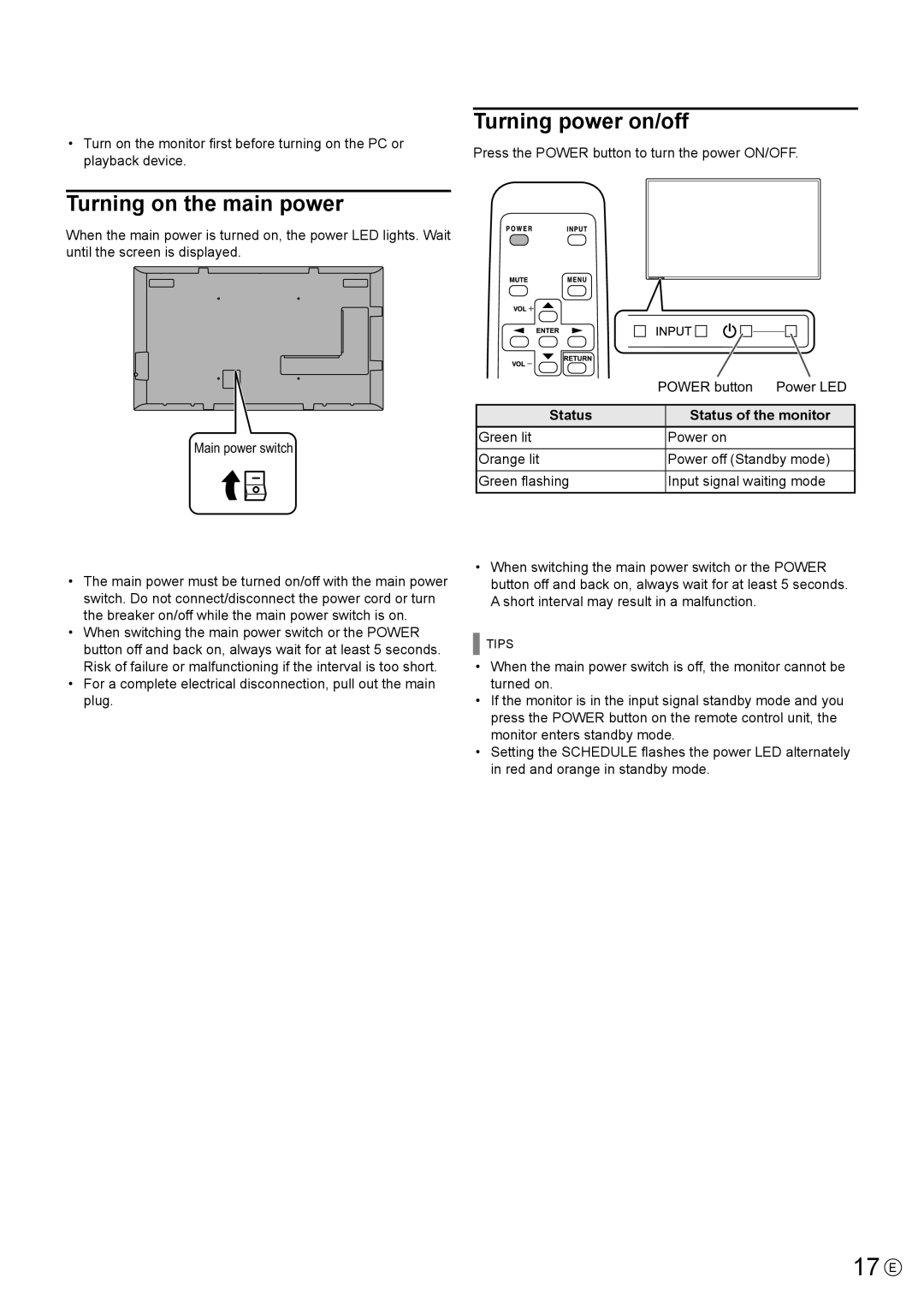 Sharp PN-Y425 Turning Power On/Off, 17 E, Turning power on/off, Turning on the main power, Status Status of the monitor 