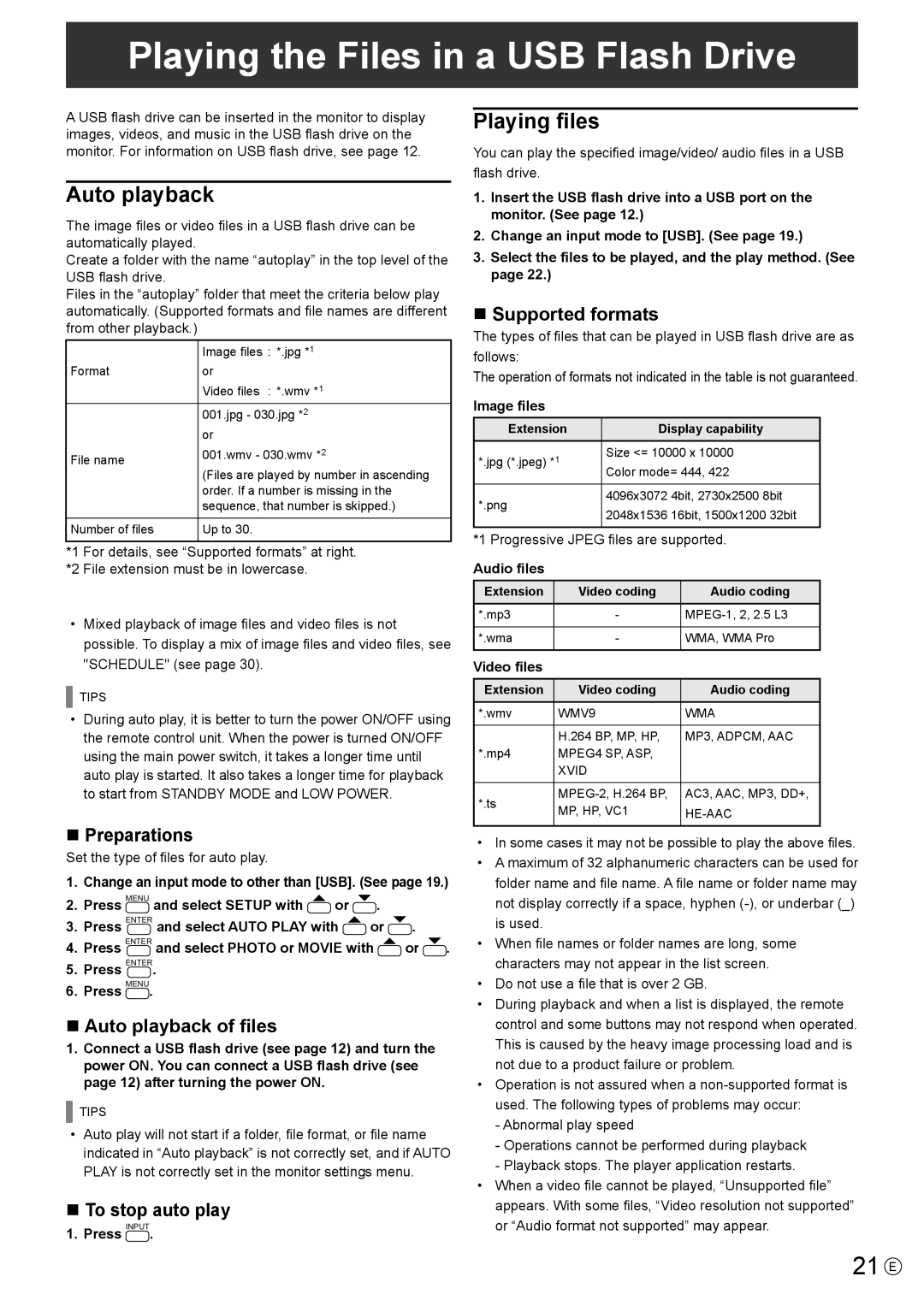 Sharp PN-Y555, PN-Y475, PN-Y425 operation manual Playing the Files in a USB Flash Drive, 21 E, Auto playback, Playing files 