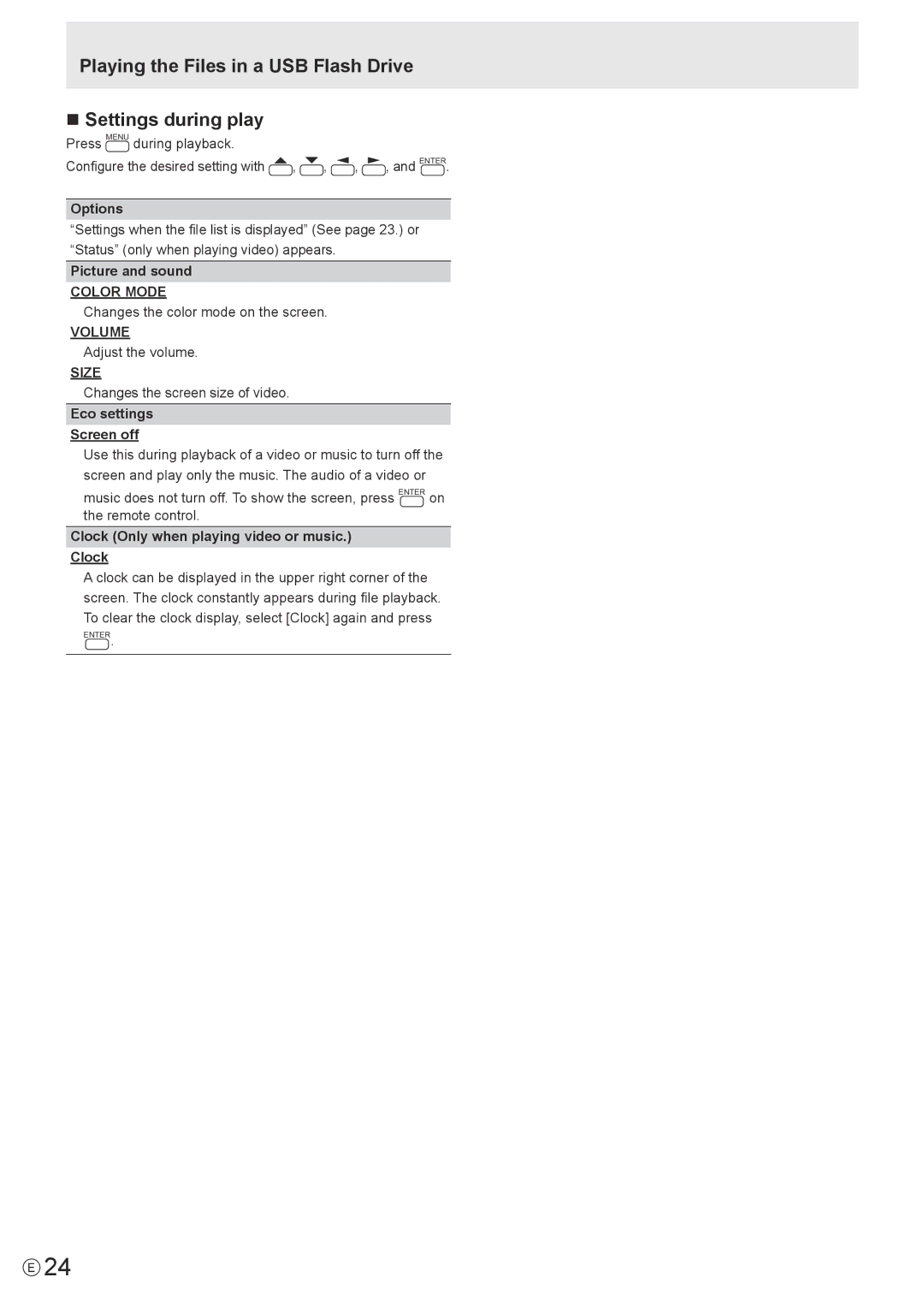 Sharp PN-Y555, PN-Y475, PN-Y425 Playing the Files in a USB Flash Drive Settings during play, Color Mode, Volume, Size 