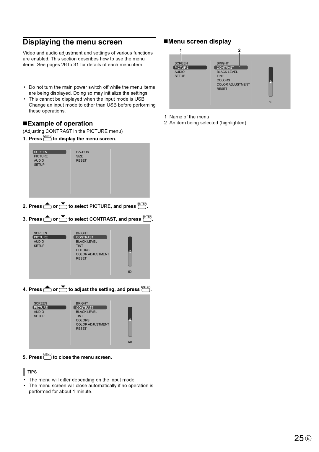 Sharp PN-Y475, PN-Y555, PN-Y425 Menu Items, 25 E, Displaying the menu screen, NExample of operation, NMenu screen display 