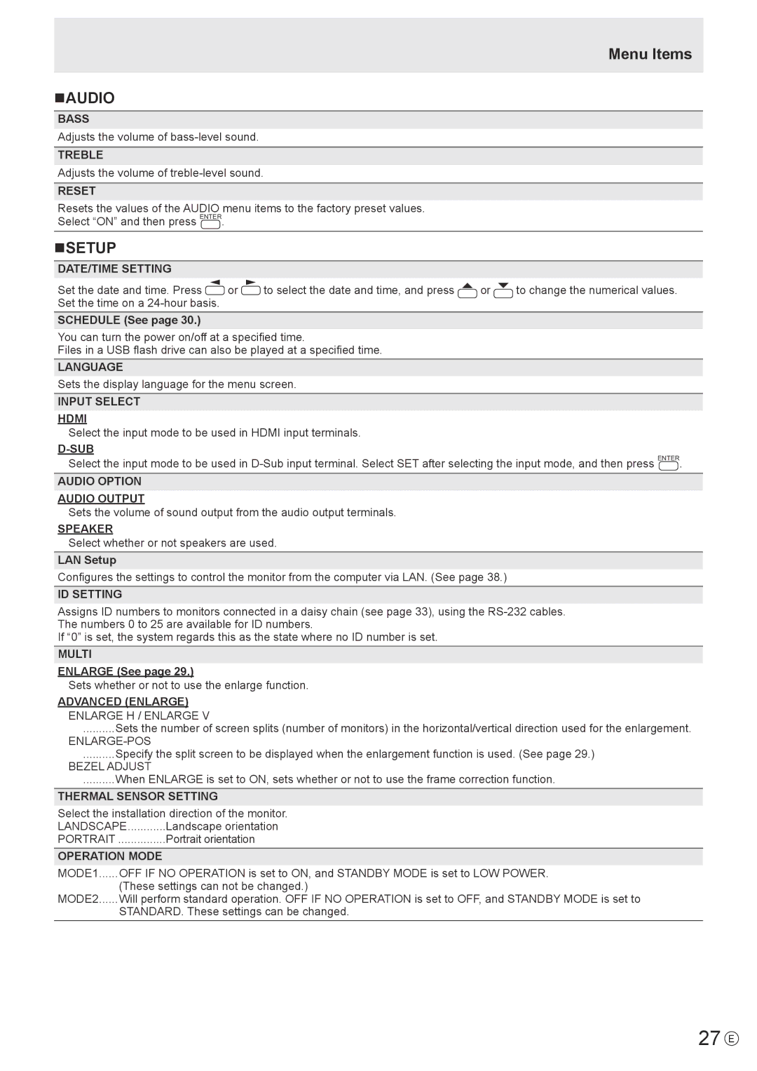 Sharp PN-Y555, PN-Y475, PN-Y425 operation manual 27 E, Menu Items NAUDIO, Nsetup 