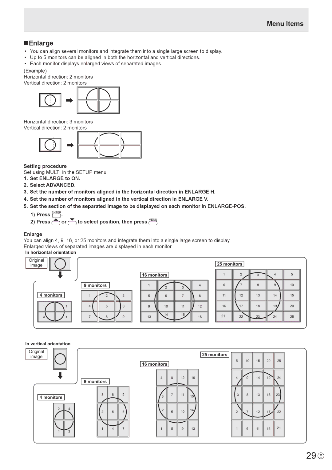 Sharp PN-Y425, PN-Y555, PN-Y475 29 E, Menu Items NEnlarge, Setting procedure, Set using Multi in the Setup menu 