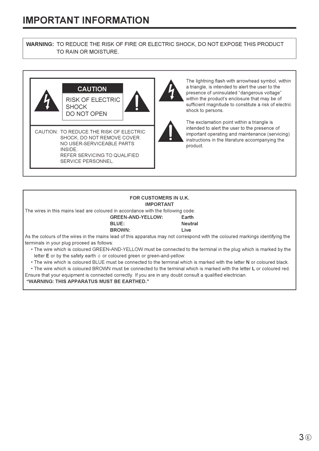 Sharp PN-Y555, PN-Y475, PN-Y425 operation manual For Customers in U.K, Green-And-Yellow, Blue, Brown 