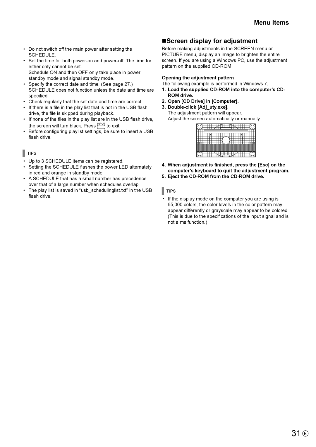 Sharp PN-Y475, PN-Y555, PN-Y425 31 E, Menu Items NScreen display for adjustment, Schedule, Opening the adjustment pattern 