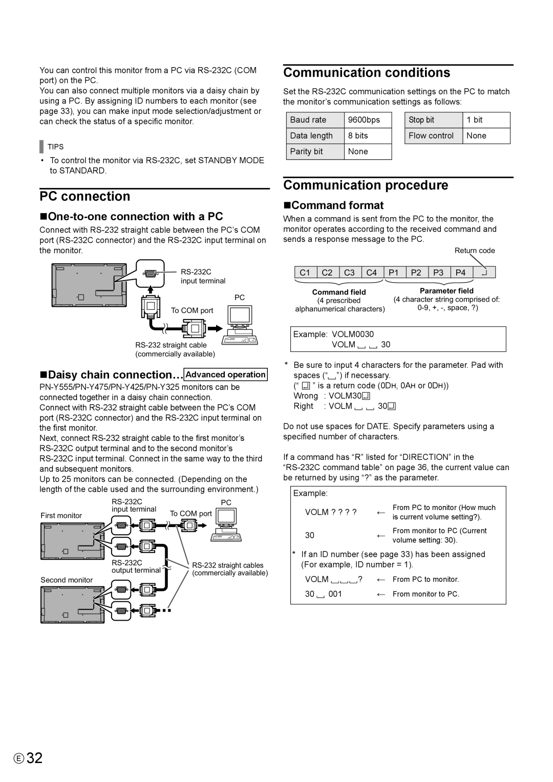 Sharp PN-Y425 Controlling the Monitor with a PC RS-232C, Communication conditions, PC connection, Communication procedure 