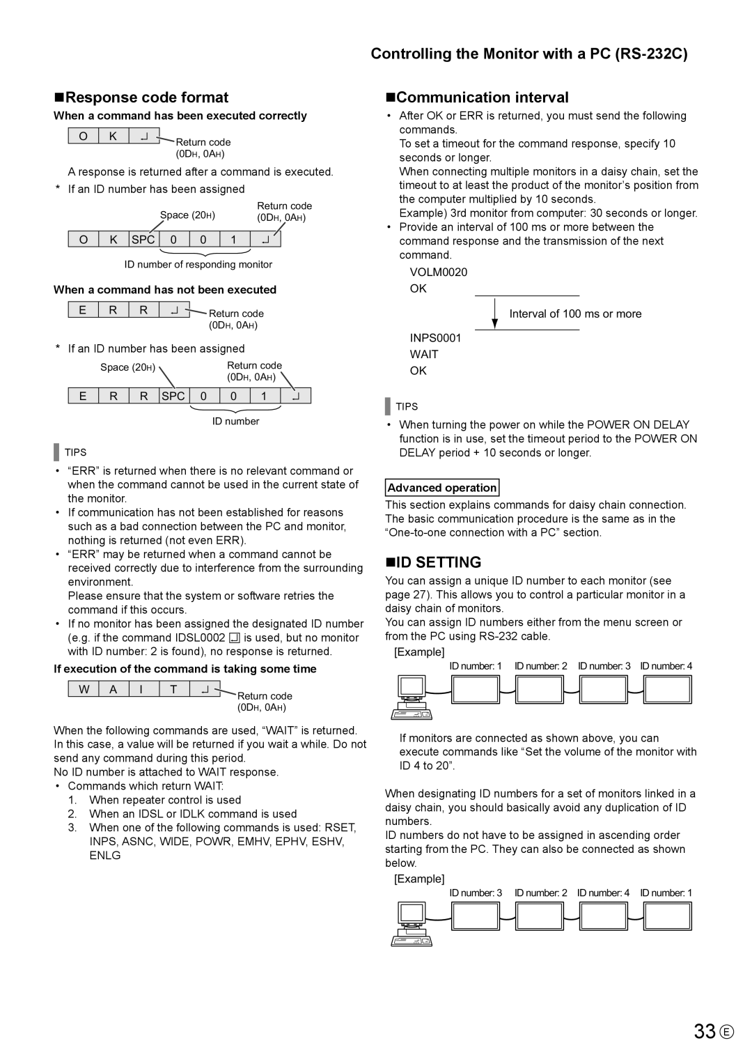 Sharp PN-Y555, PN-Y475, PN-Y425 operation manual 33 E, NResponse code format, NID Setting 