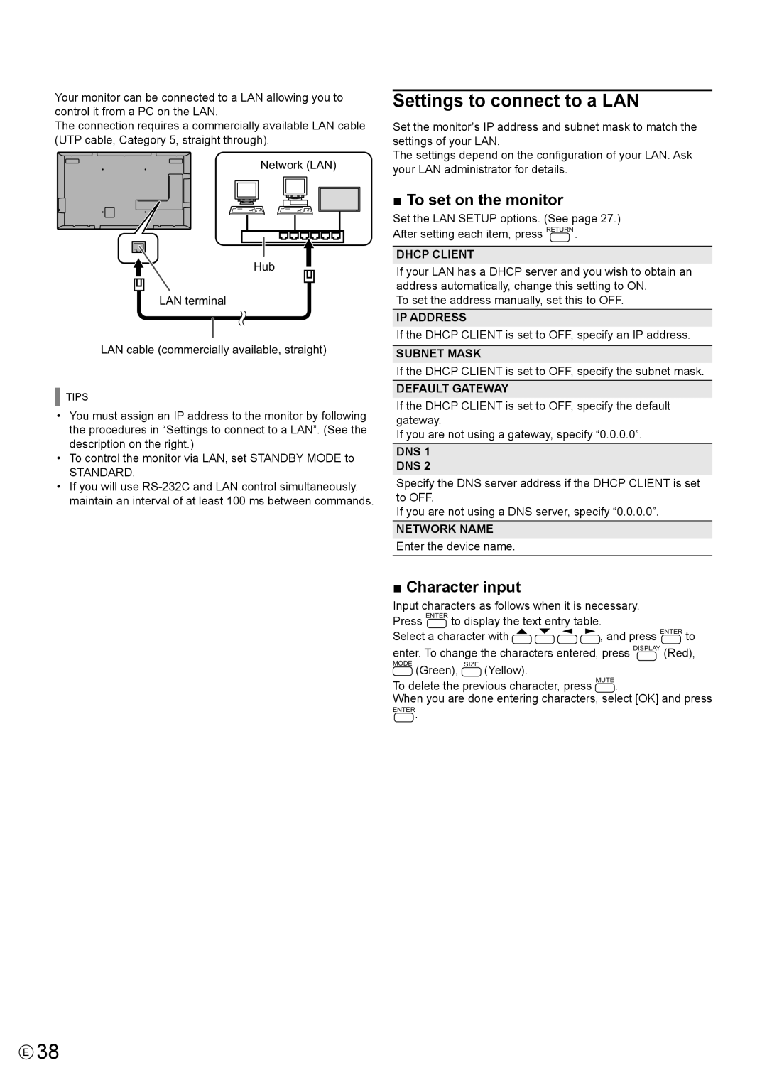 Sharp PN-Y425 Controlling the Monitor with a PC LAN, Settings to connect to a LAN, To set on the monitor, Character input 