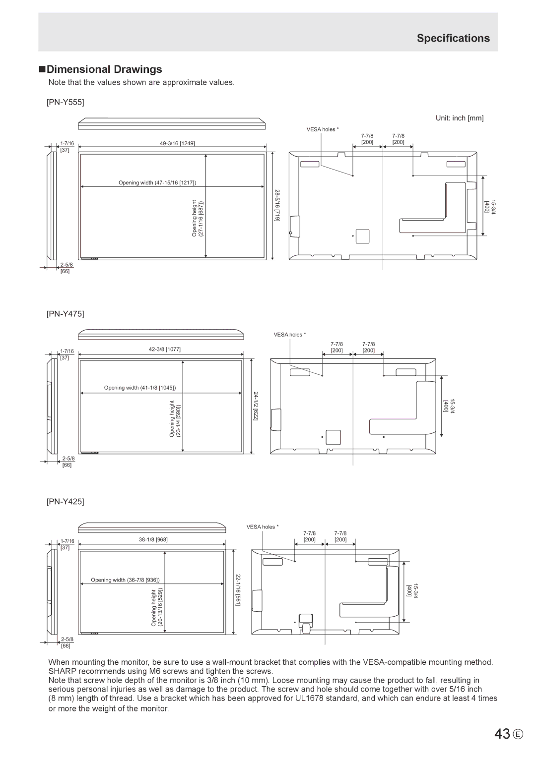 Sharp PN-Y475, PN-Y555, PN-Y425 operation manual 43 E, NDimensional Drawings, Specifications 