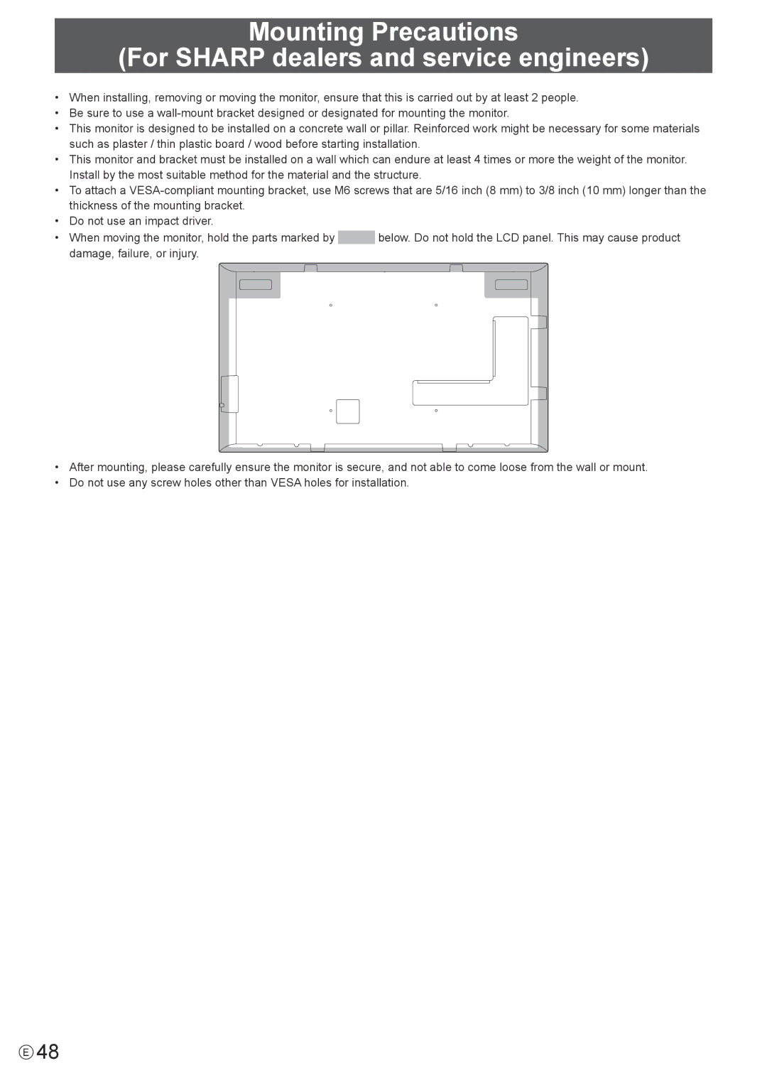 Sharp PN-Y555, PN-Y475, PN-Y425 operation manual Mounting Precautions For Sharp dealers and service engineers 