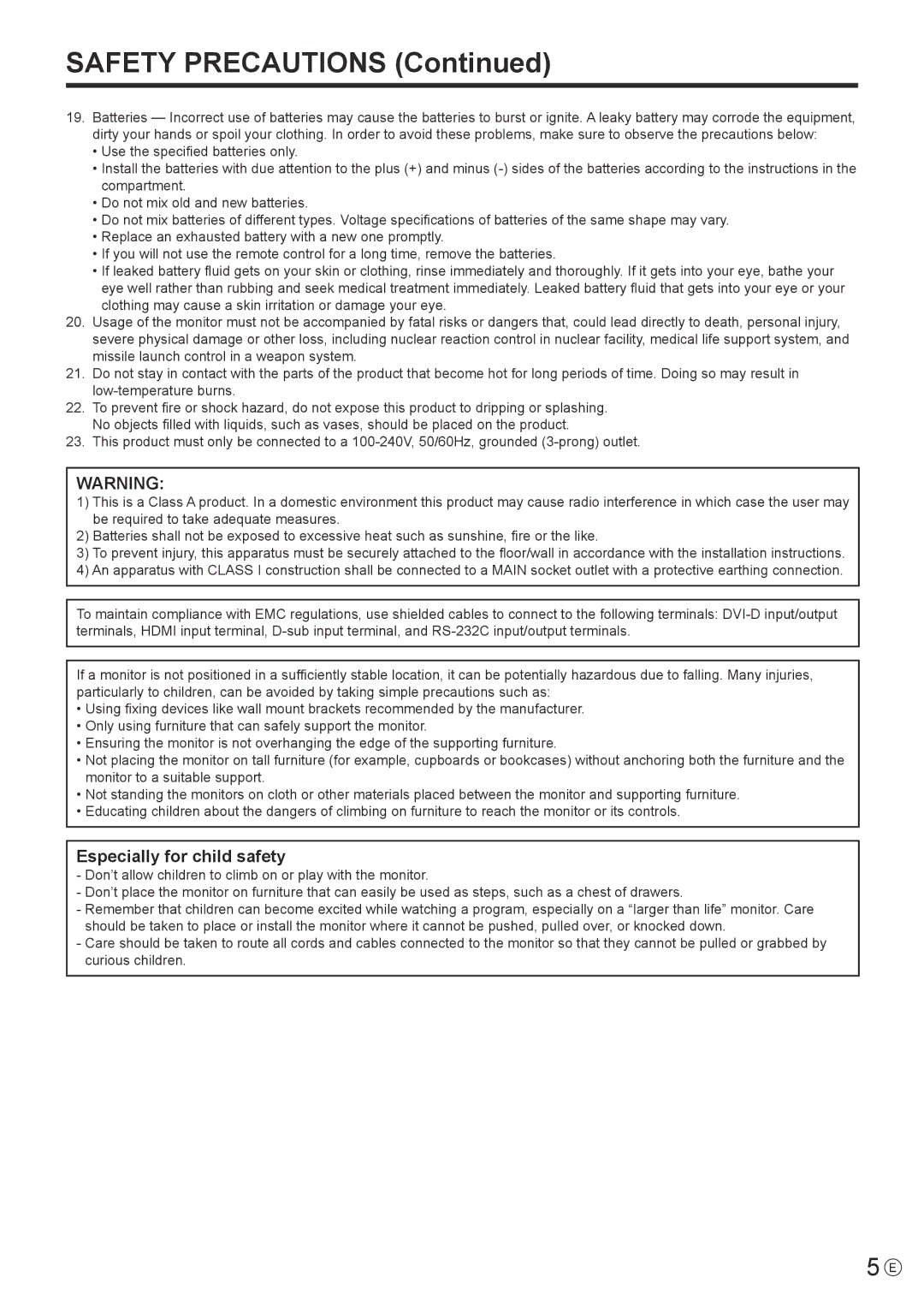 Sharp PN-Y425, PN-Y555, PN-Y475 operation manual Safety Precautions 