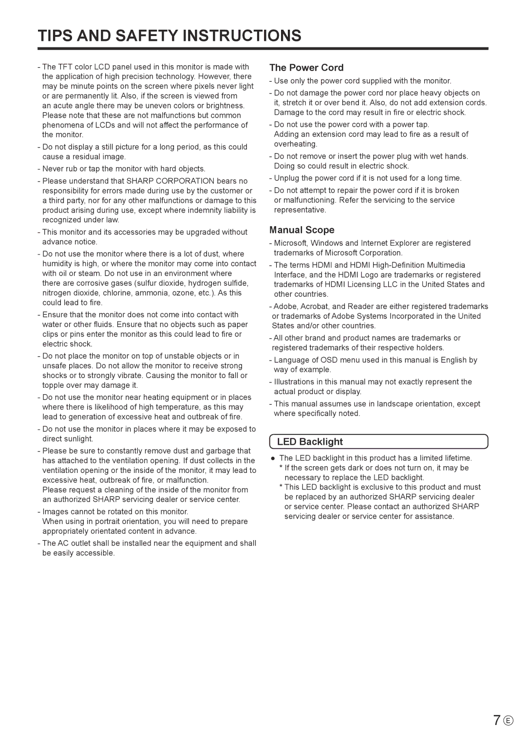 Sharp PN-Y475, PN-Y555, PN-Y425 operation manual Tips and Safety Instructions 