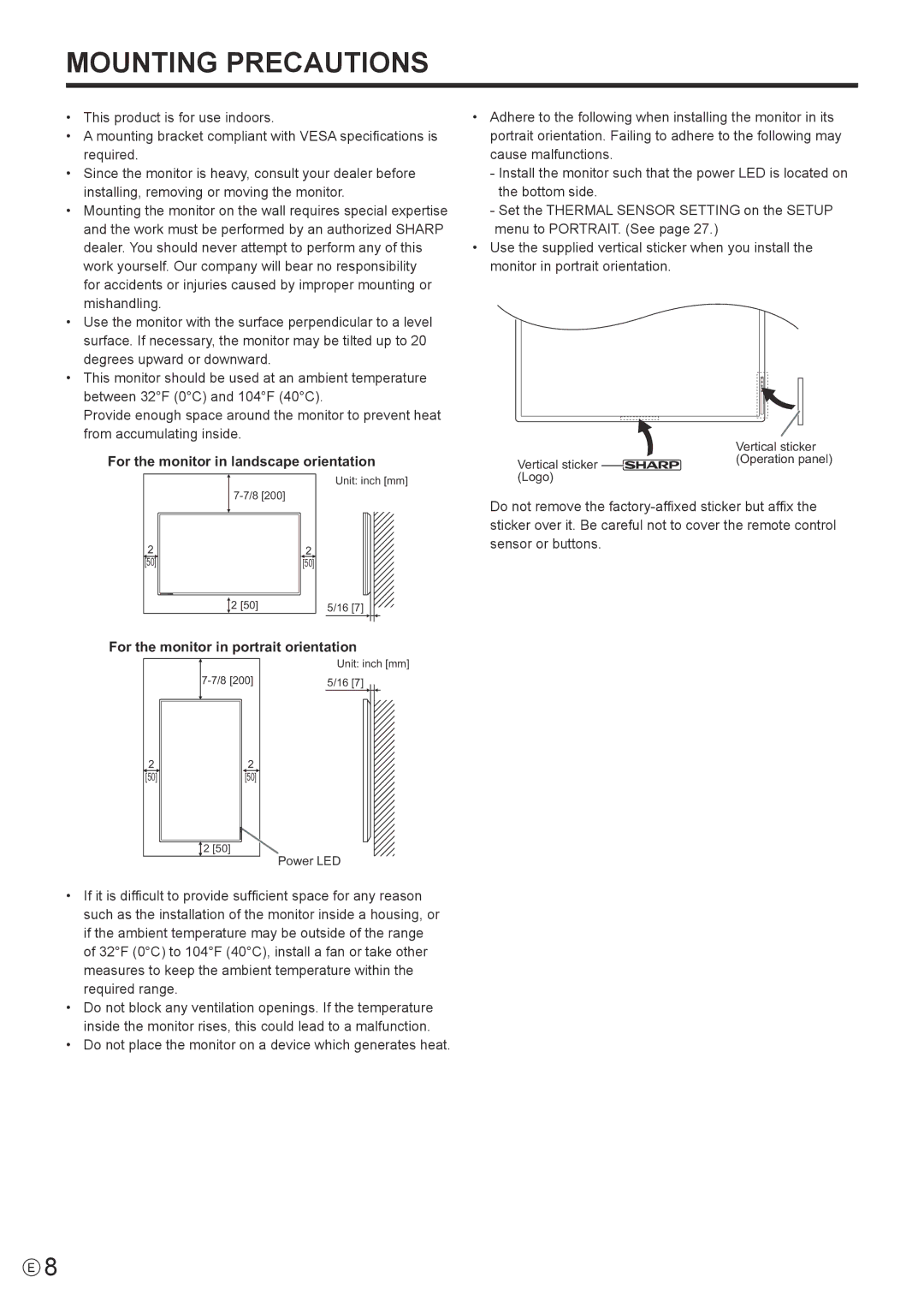 Sharp PN-Y425, PN-Y555, PN-Y475 For the monitor in landscape orientation, For the monitor in portrait orientation 