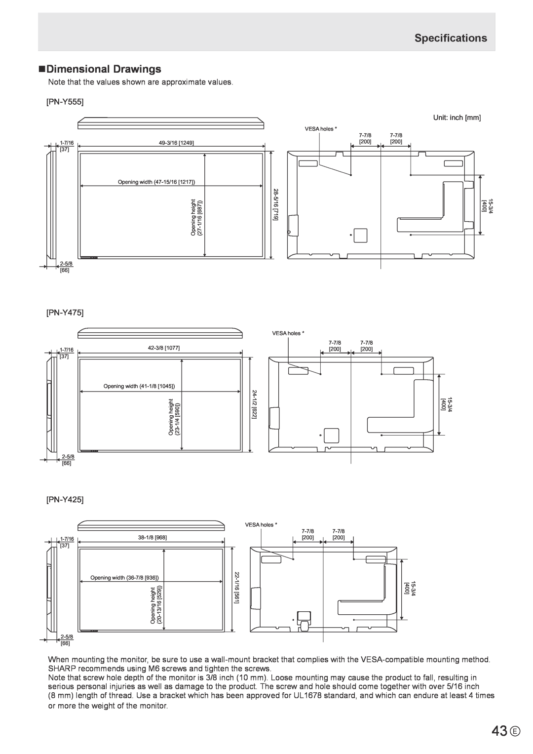 Sharp PN-Y475, PN-Y555, PN-Y425 operation manual 43 E, nDimensional Drawings, Specifications 
