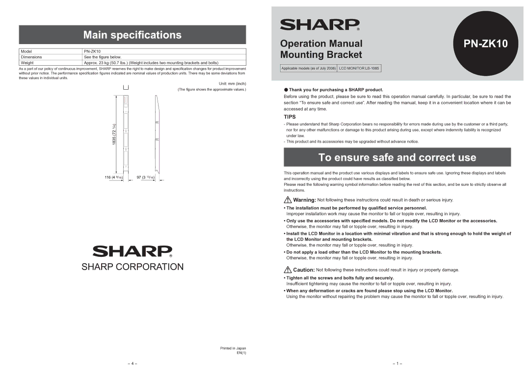 Sharp PN-ZK10 operation manual Main specifications, To ensure safe and correct use, Mounting Bracket, Tips 