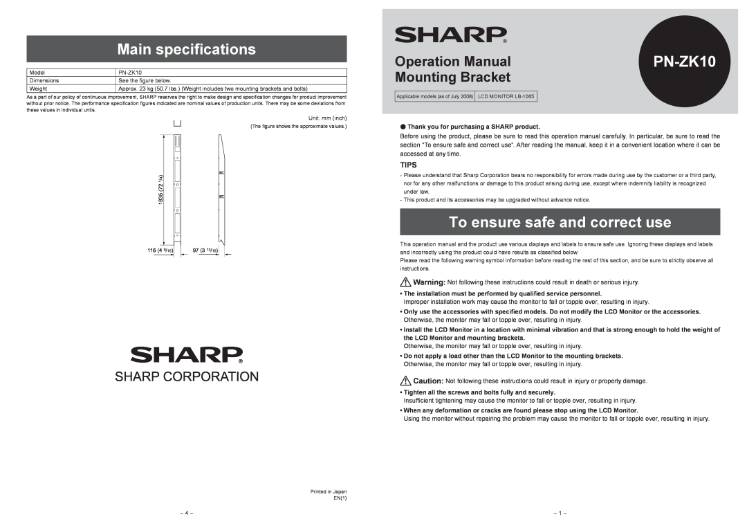 Sharp PN-ZK10 operation manual Main specifications, To ensure safe and correct use, Operation Manual, Mounting Bracket 