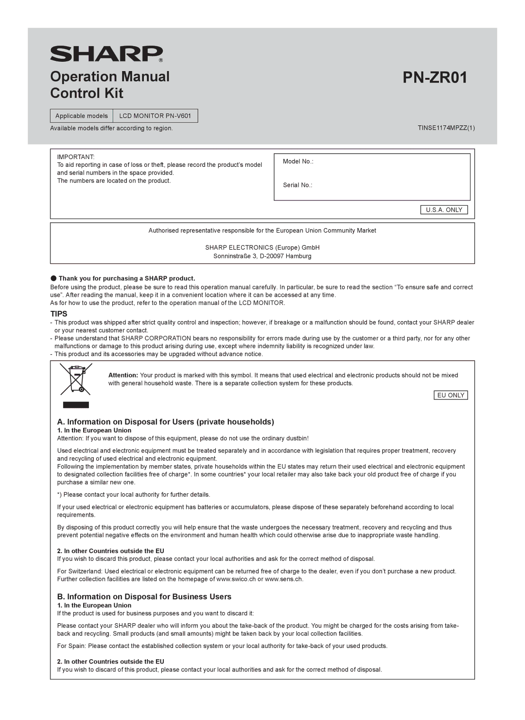 Sharp PN-ZR01 operation manual Information on Disposal for Users private households, European Union 